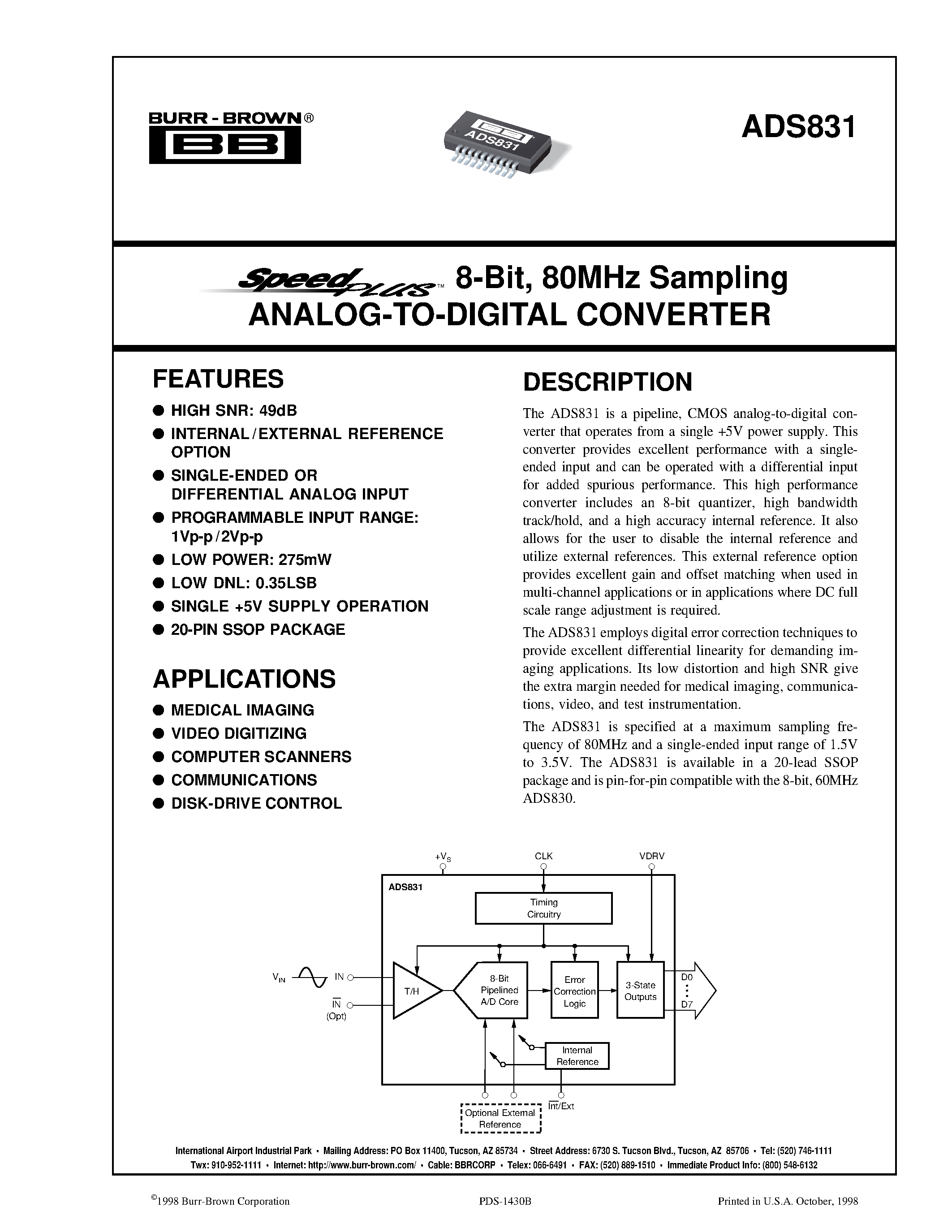 Даташит на микросхему ADS831E страница 1 Даташит ADS831E - 8-Bit/ 80MHz Sampling ANALOG-TO-DIGITAL CONVERTER страница 1