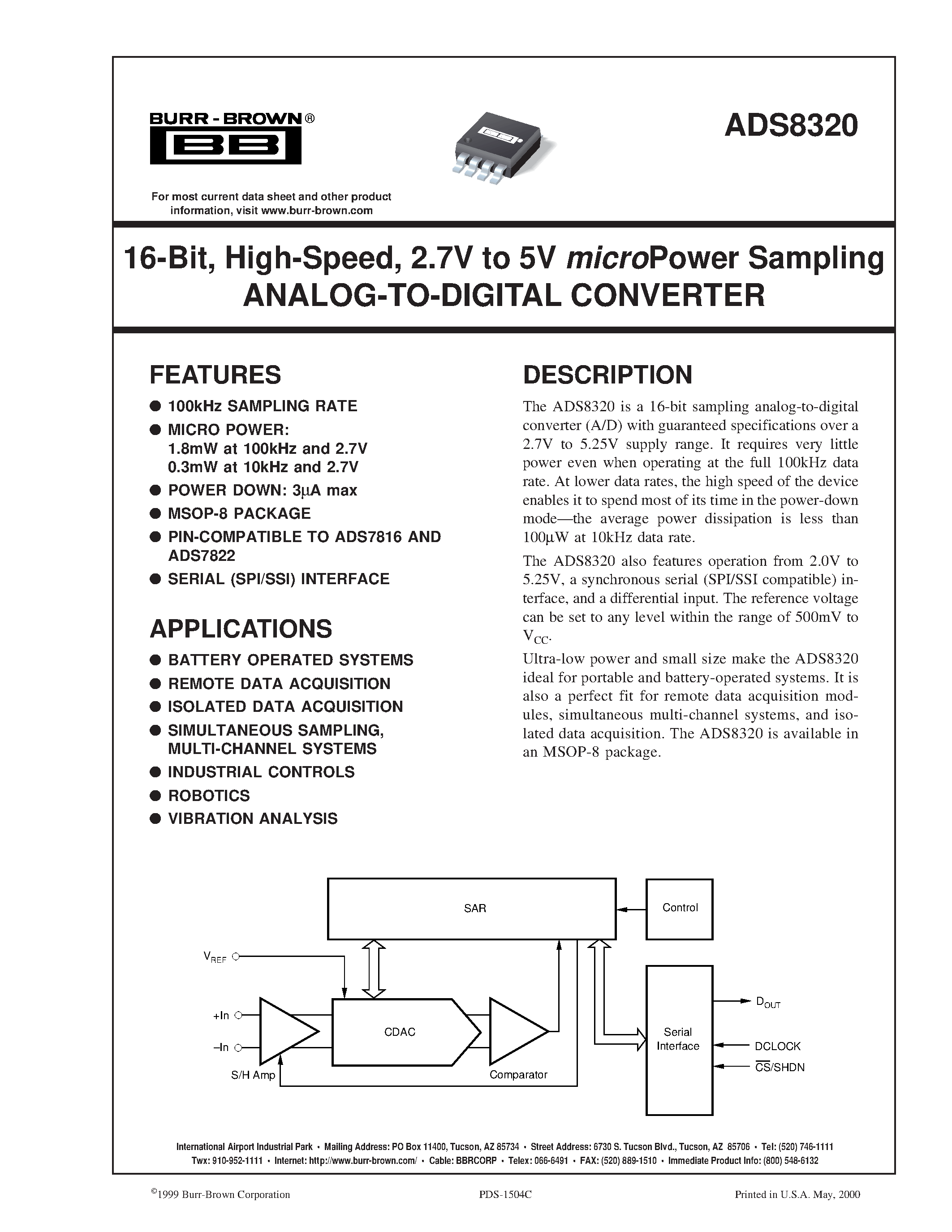 Даташит ADS8320EB - 16-Bit/ High-Speed/ 2.7V to 5V microPower Sampling ANALOG-TO-DIGITAL CONVERTER страница 1