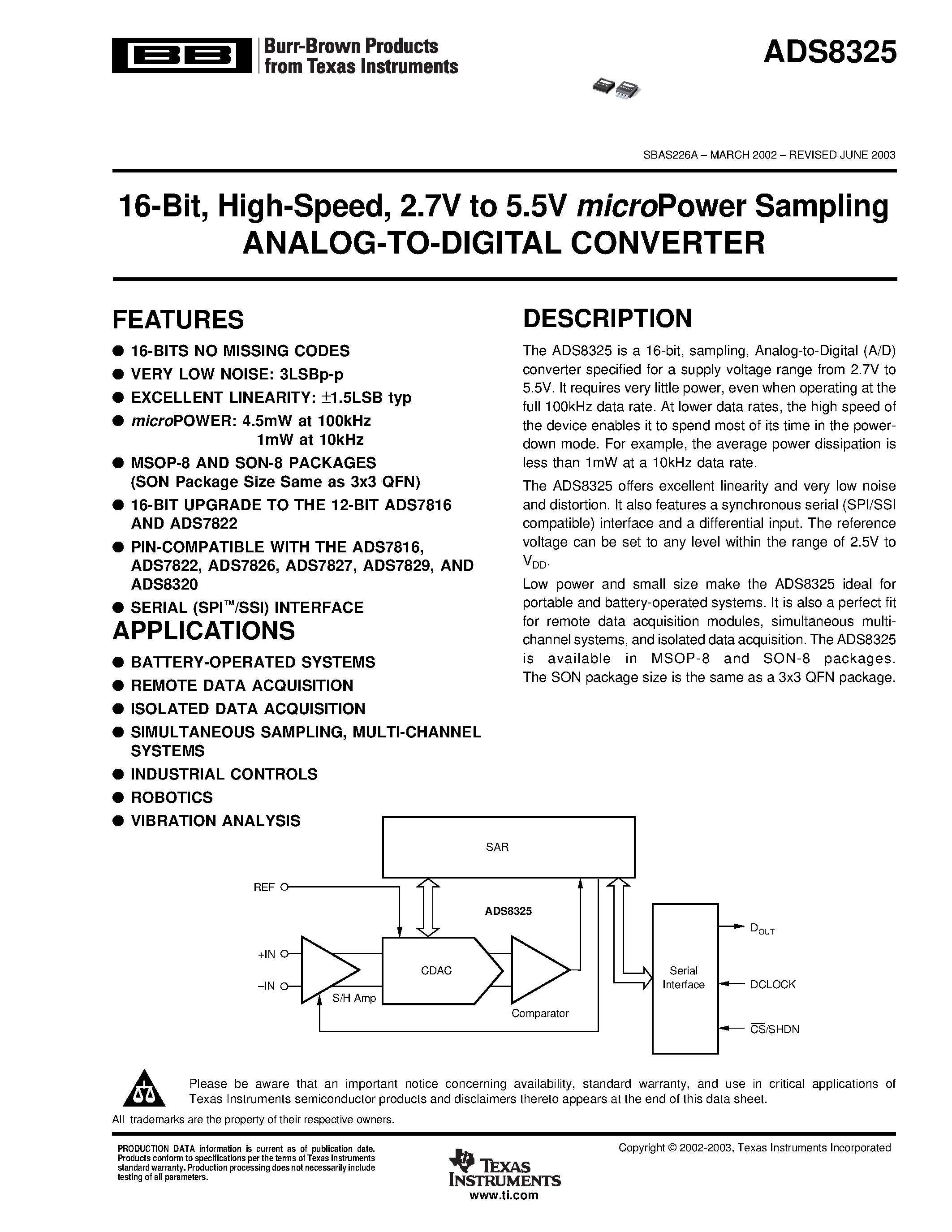 Datasheet ADS8325IBDRBR - 16-Bit/ High-Speed/ 2.7V to 5.5V microPower Sampling ANALOG-TO-DIGITAL CONVERTER page 1