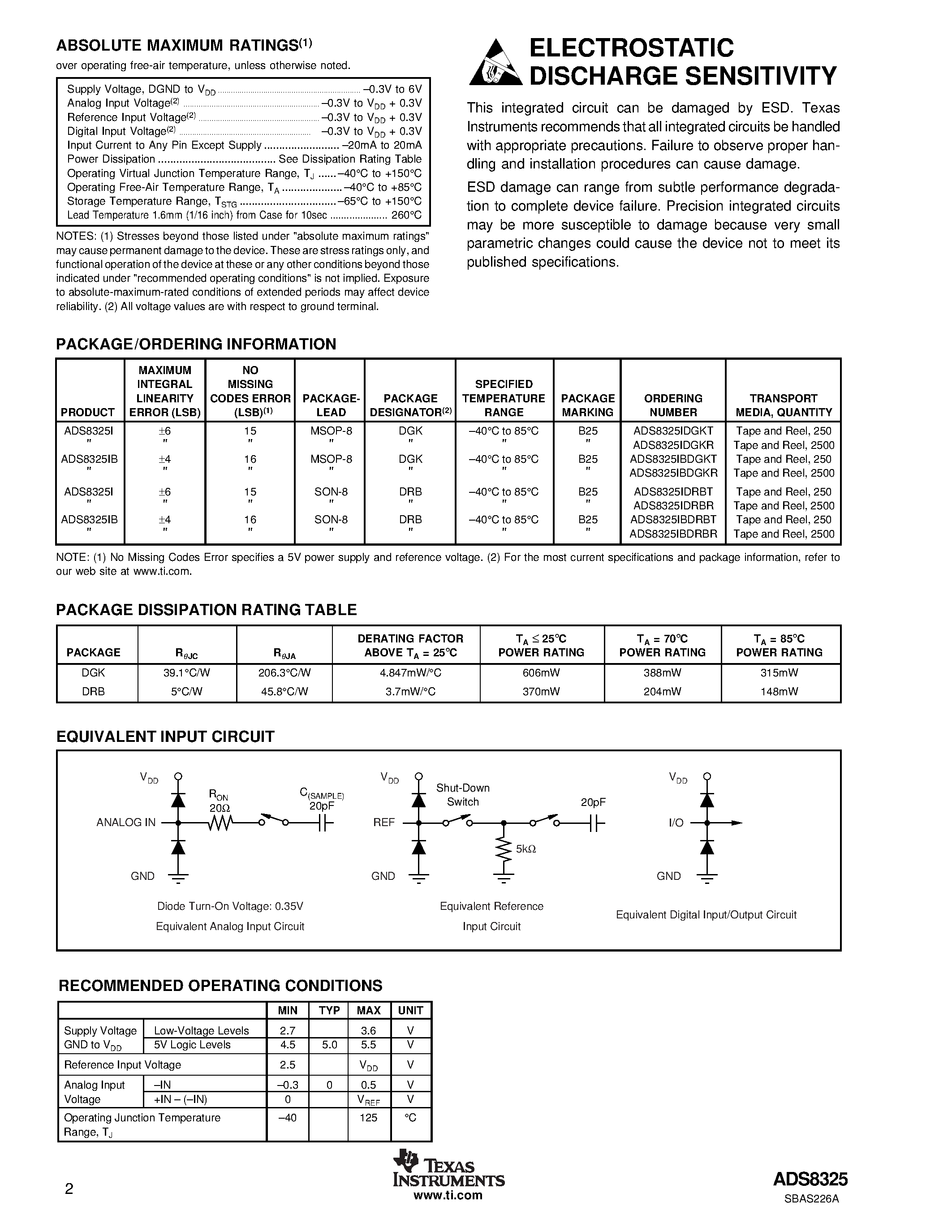 Datasheet ADS8325IBDRBT - 16-Bit/ High-Speed/ 2.7V to 5.5V microPower Sampling ANALOG-TO-DIGITAL CONVERTER page 2