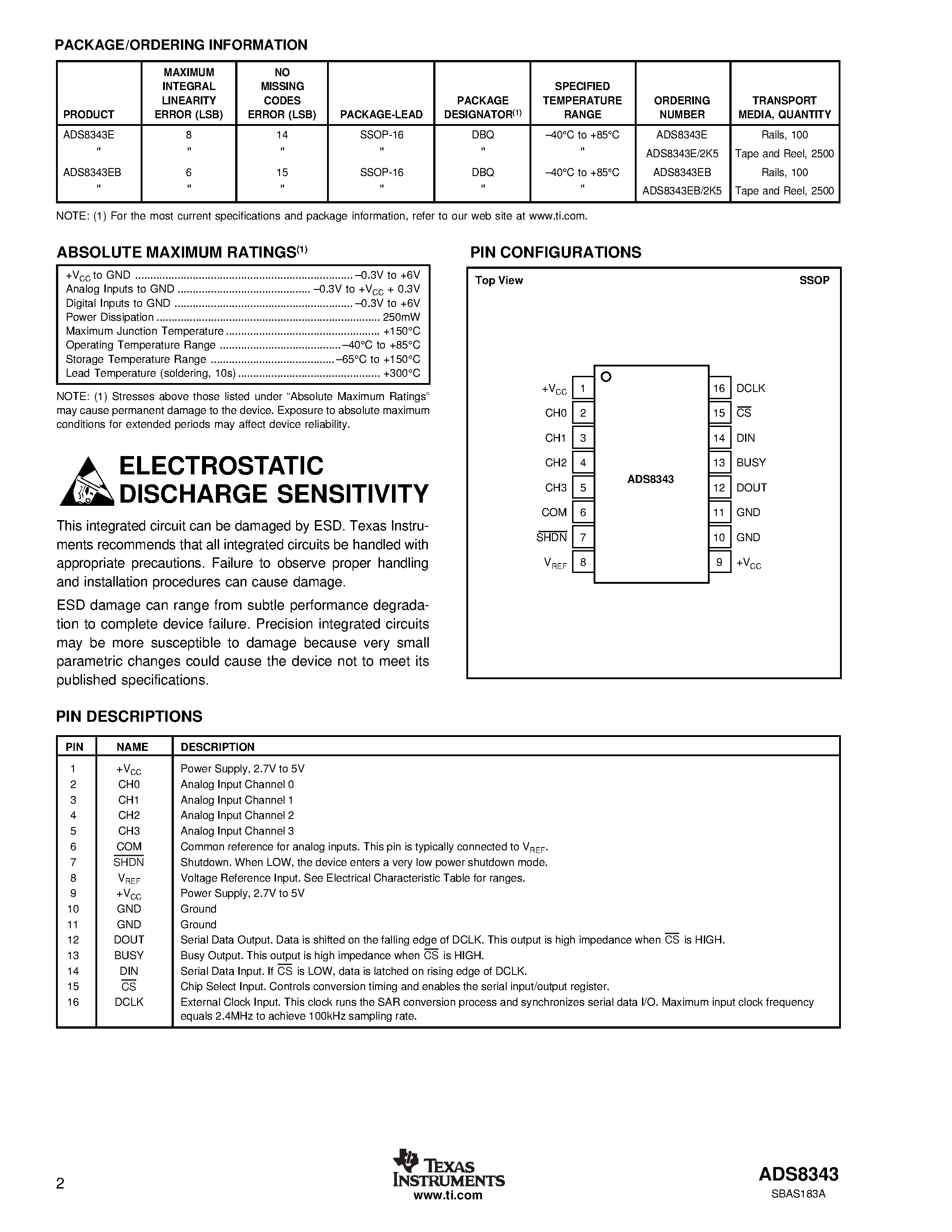 Datasheet ADS8343 - 16-Bit/ 4-Channel Serial Output Sampling ANALOG-TO-DIGITAL CONVERTER page 2