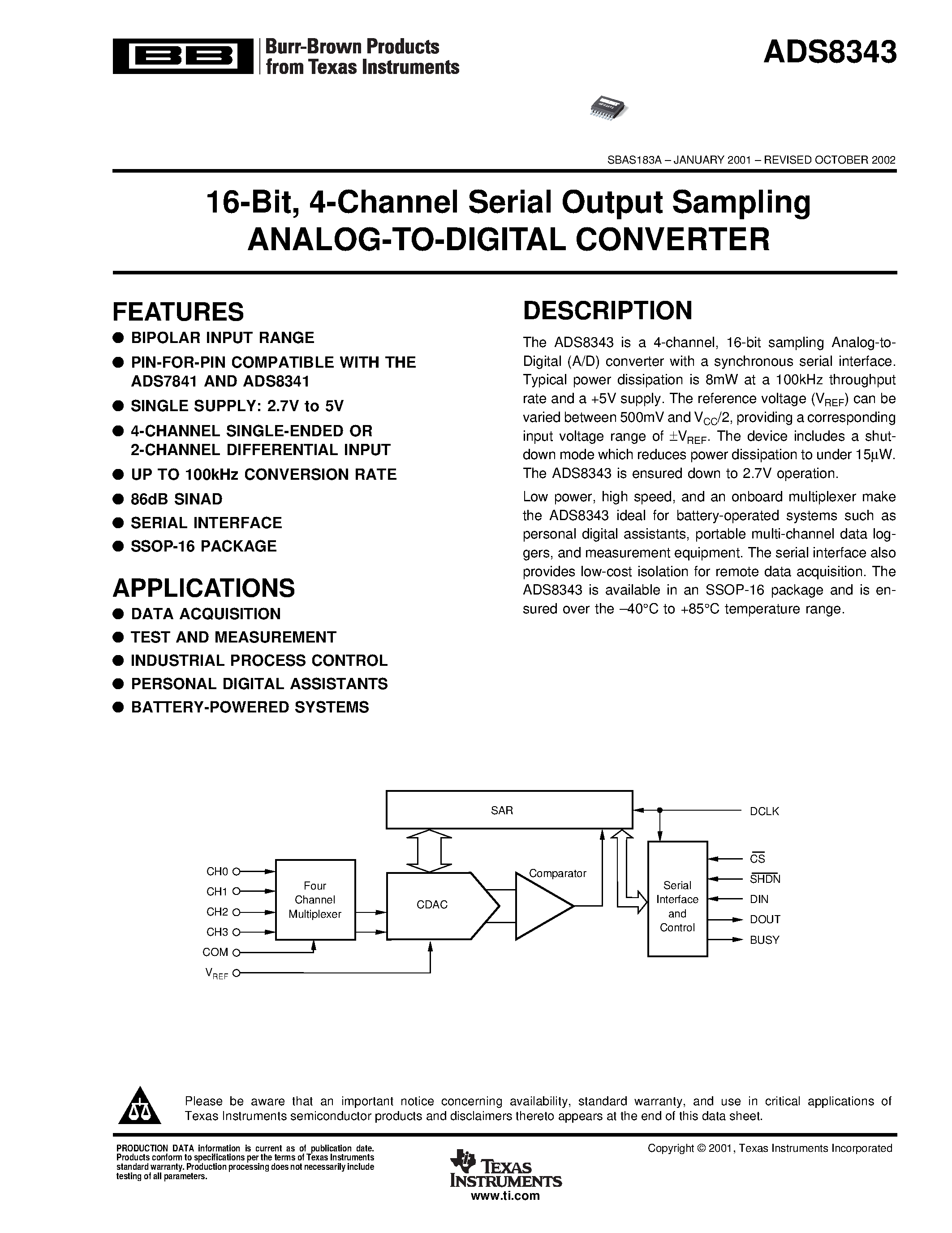 Datasheet ADS8343EB - 16-Bit/ 4-Channel Serial Output Sampling ANALOG-TO-DIGITAL CONVERTER page 1