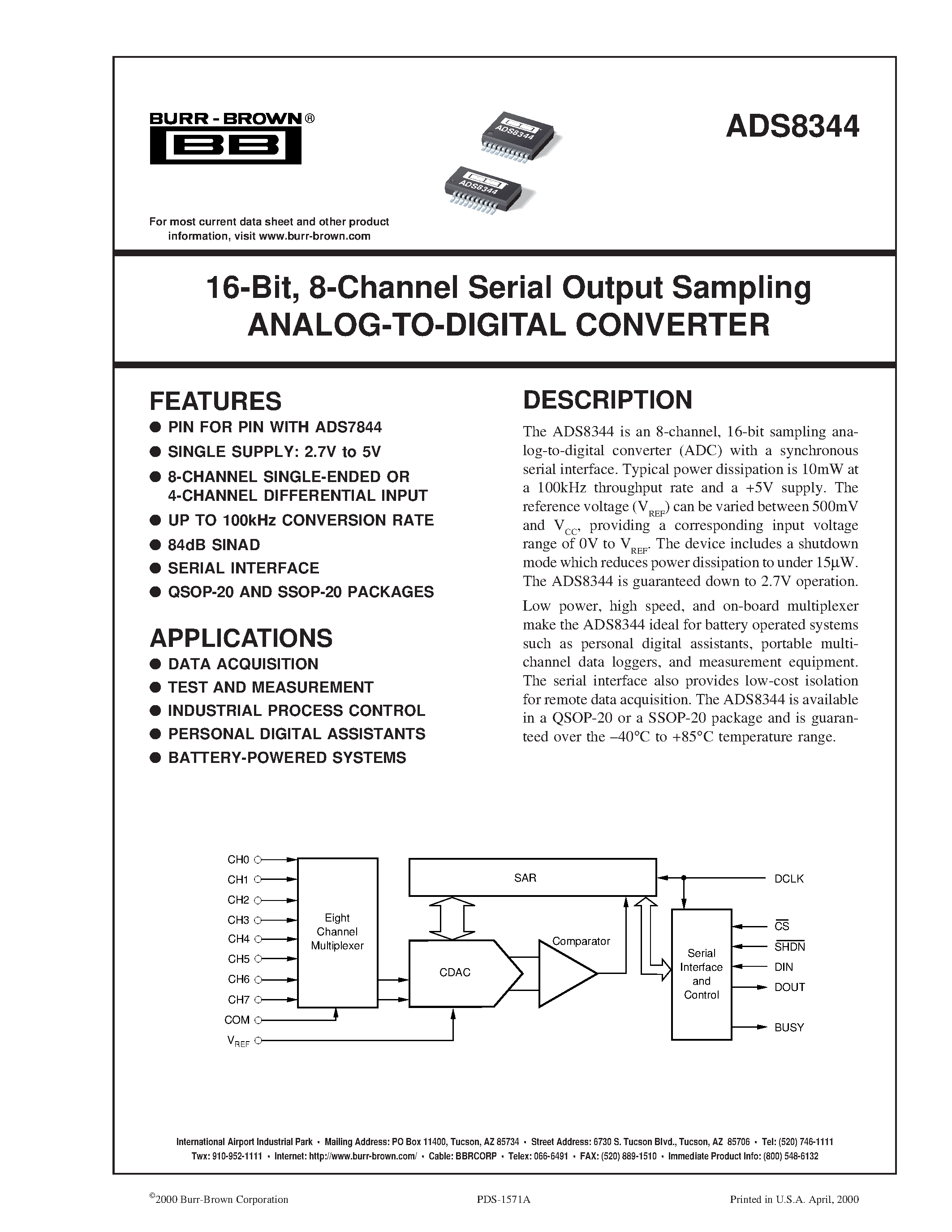 Даташит ADS8344 - 16-Bit/ 8-Channel Serial Output Sampling ANALOG-TO-DIGITAL CONVERTER страница 1