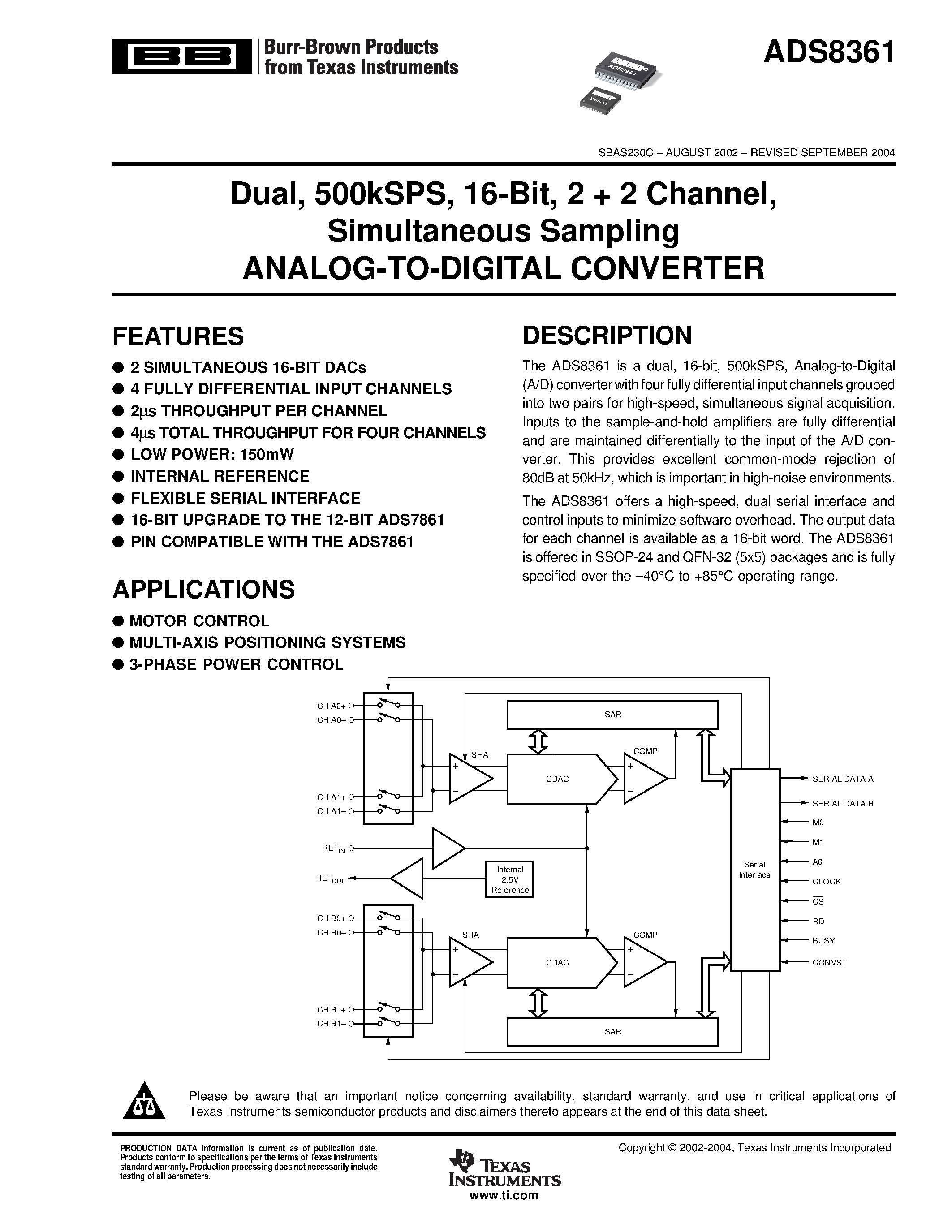 Datasheet ADS8361 - Dual/ 500kSPS/ 16-Bit/ 2 + 2 Channel/ Simultaneous Sampling ANALOG-TO-DIGITAL CONVERTER page 1