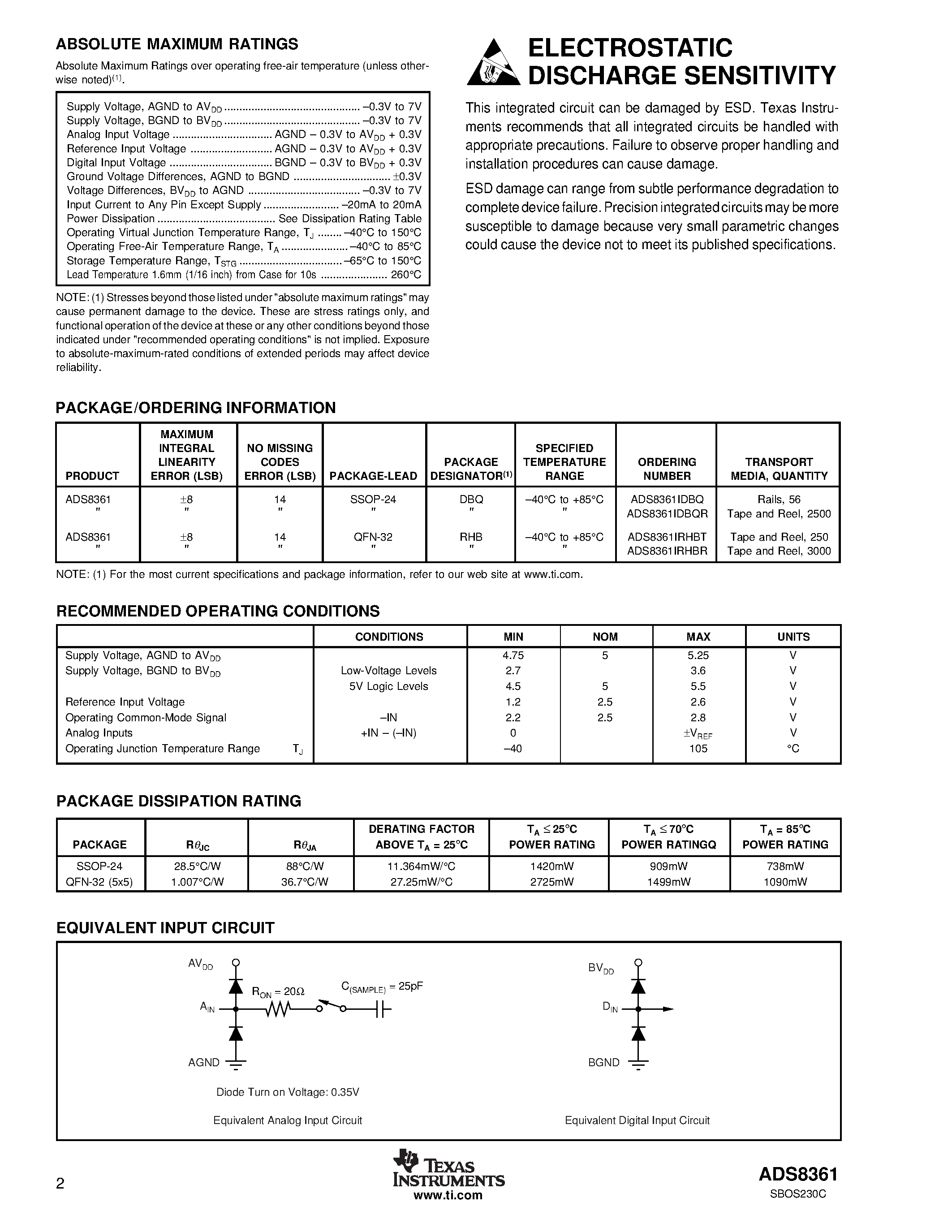 Datasheet ADS8361IRHBR - Dual/ 500kSPS/ 16-Bit/ 2 + 2 Channel/ Simultaneous Sampling ANALOG-TO-DIGITAL CONVERTER page 2
