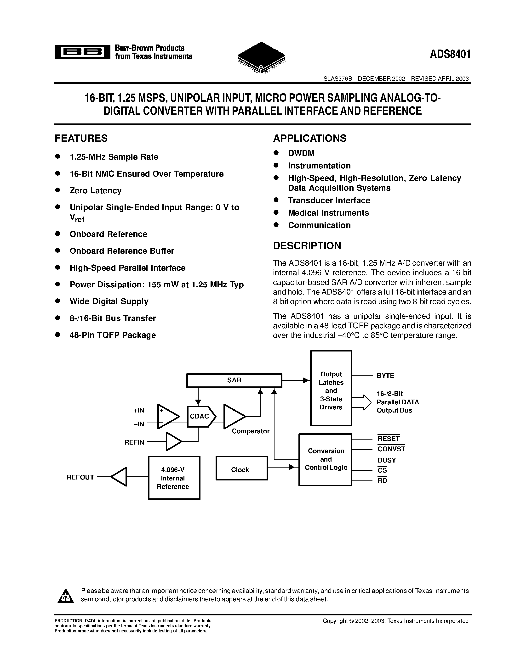 Даташит ADS8401IPFBT - 16-BIT/ 1.25 MSPS/ UNIPOLAR INPUT/ MICRO POWER SAMPLING ANALOG-TODIGITAL CONVERTER WITH PARALLEL INTERFACE AND REFERENCE страница 1