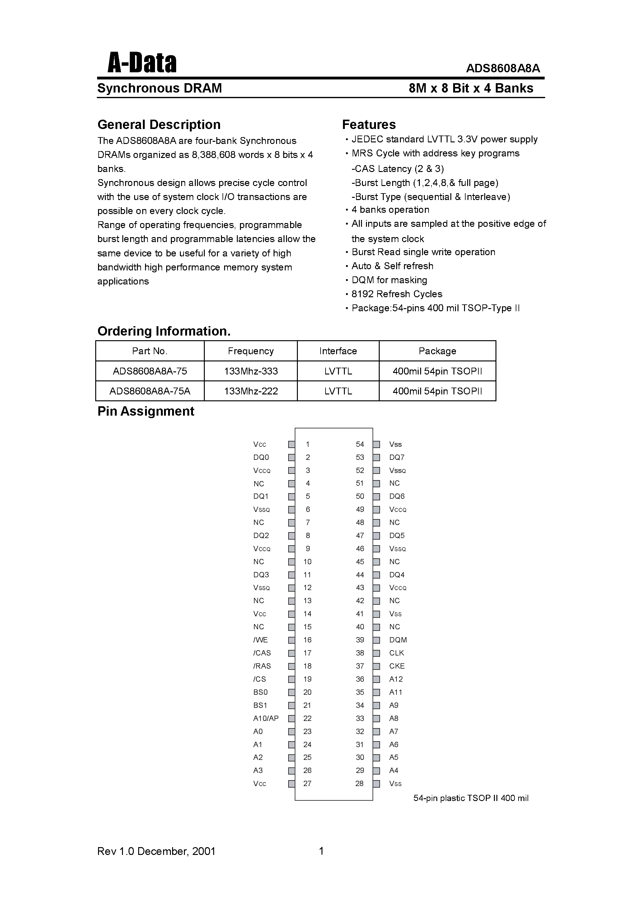 Datasheet ADS8608A8A-75A - Synchronous DRAM(8M X 8 Bit X 4 Banks) page 1