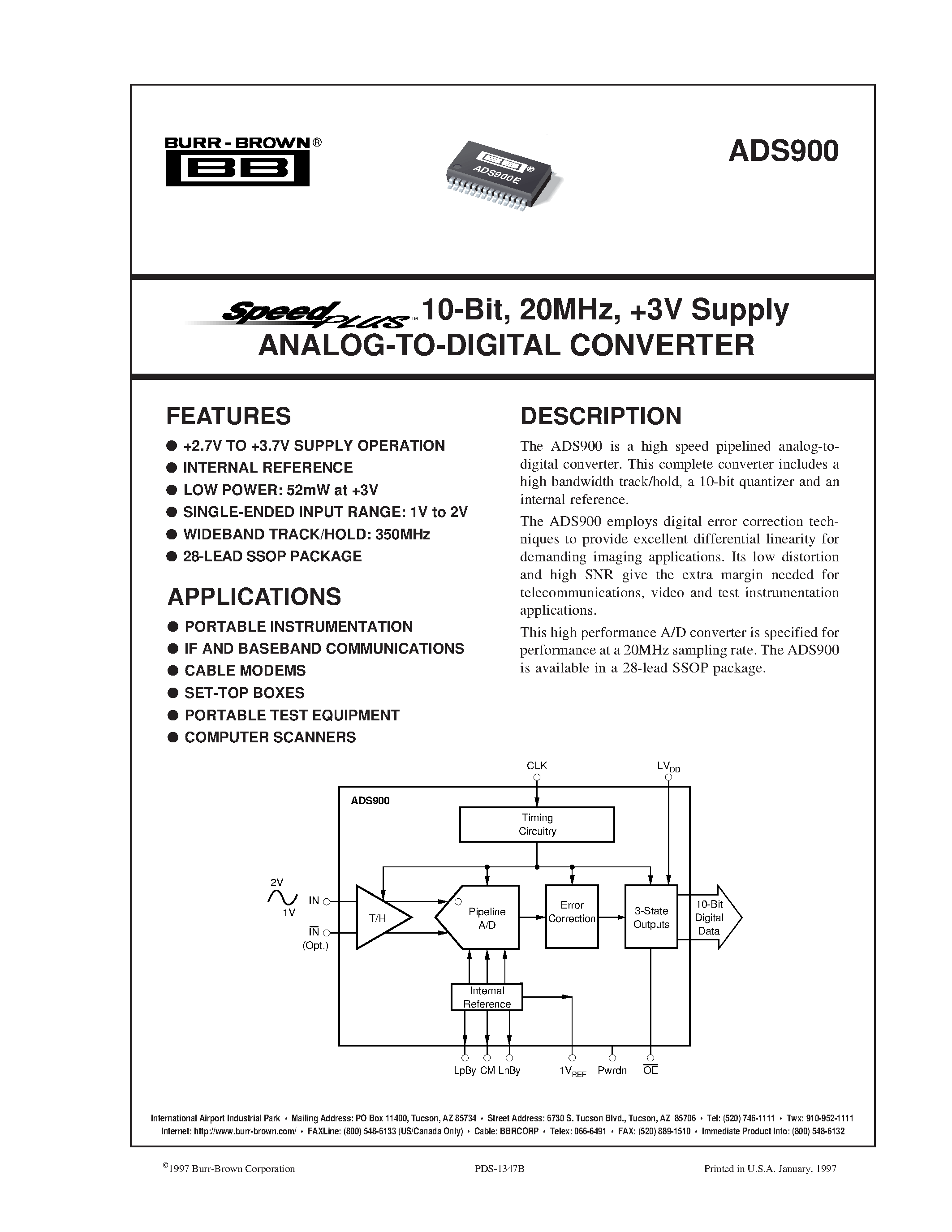 Datasheet ADS900E - 10-Bit/ 20MHz/ #V Supply ANALOG-TO-DIGITAL CONVERTER page 1