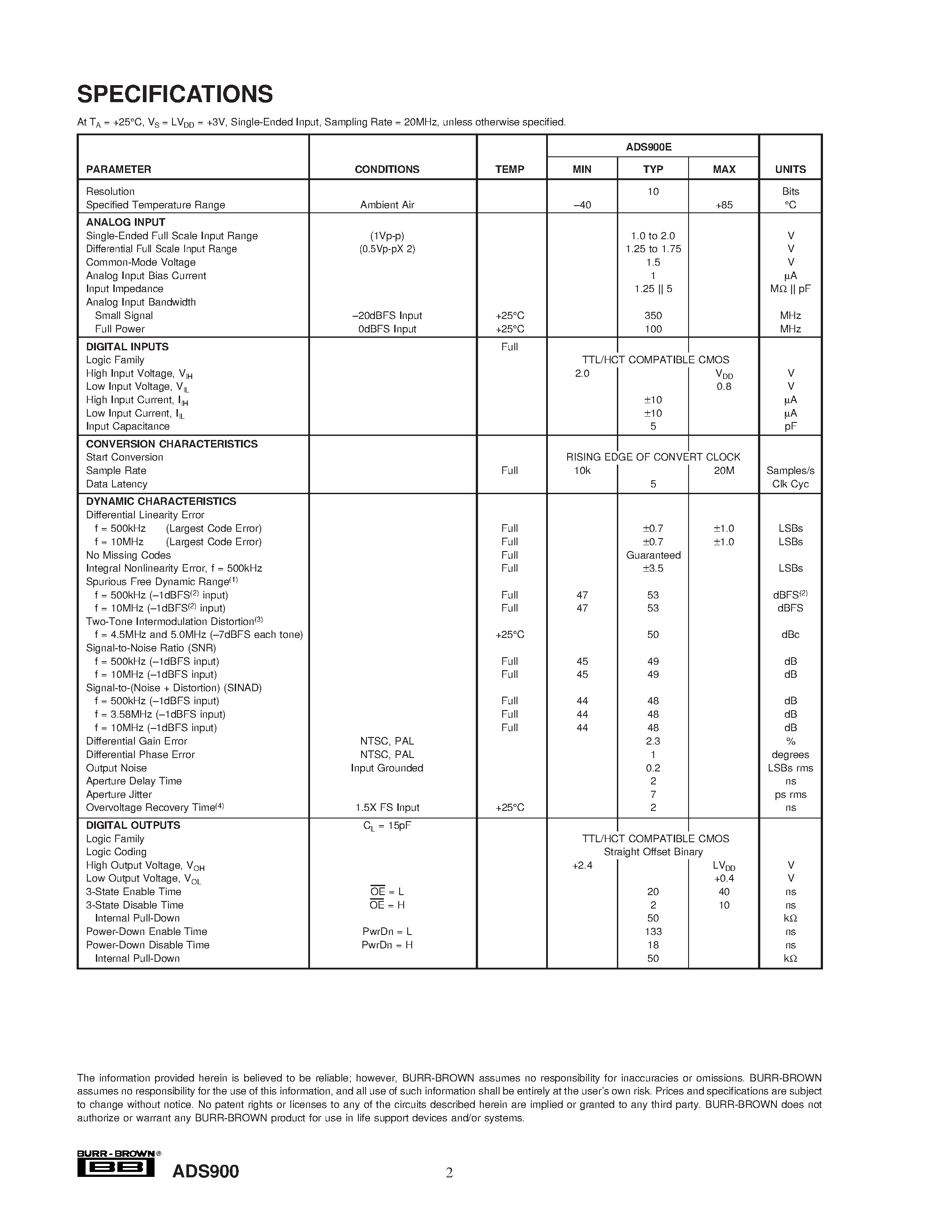 Datasheet ADS900E - 10-Bit/ 20MHz/ #V Supply ANALOG-TO-DIGITAL CONVERTER page 2