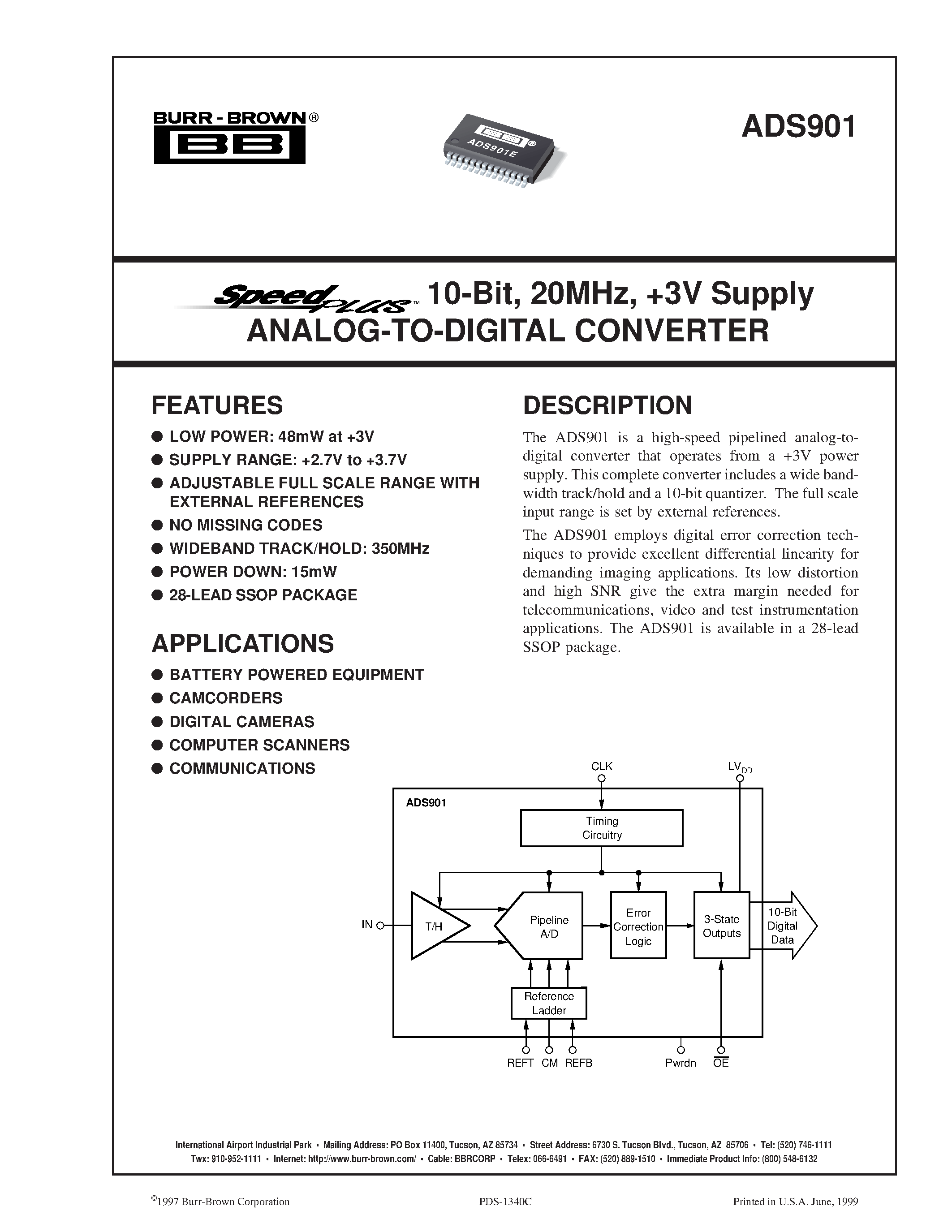 Datasheet ADS901E - 10-Bit/ 20MHz/ #V Supply ANALOG-TO-DIGITAL CONVERTER page 1