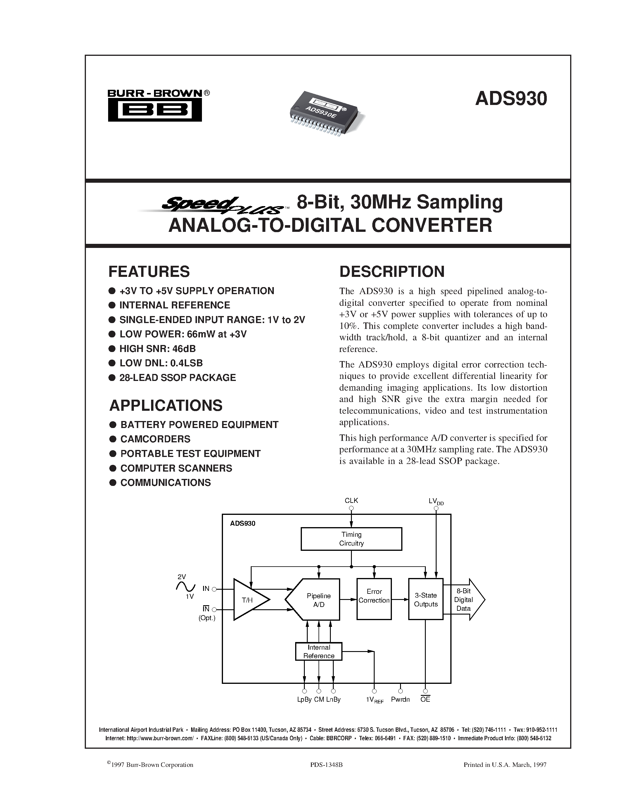 Даташит на микросхему ADS930 страница 1 Даташит ADS930 - 8-Bit/ 30MHz Sampling ANALOG-TO-DIGITAL CONVERTER страница 1