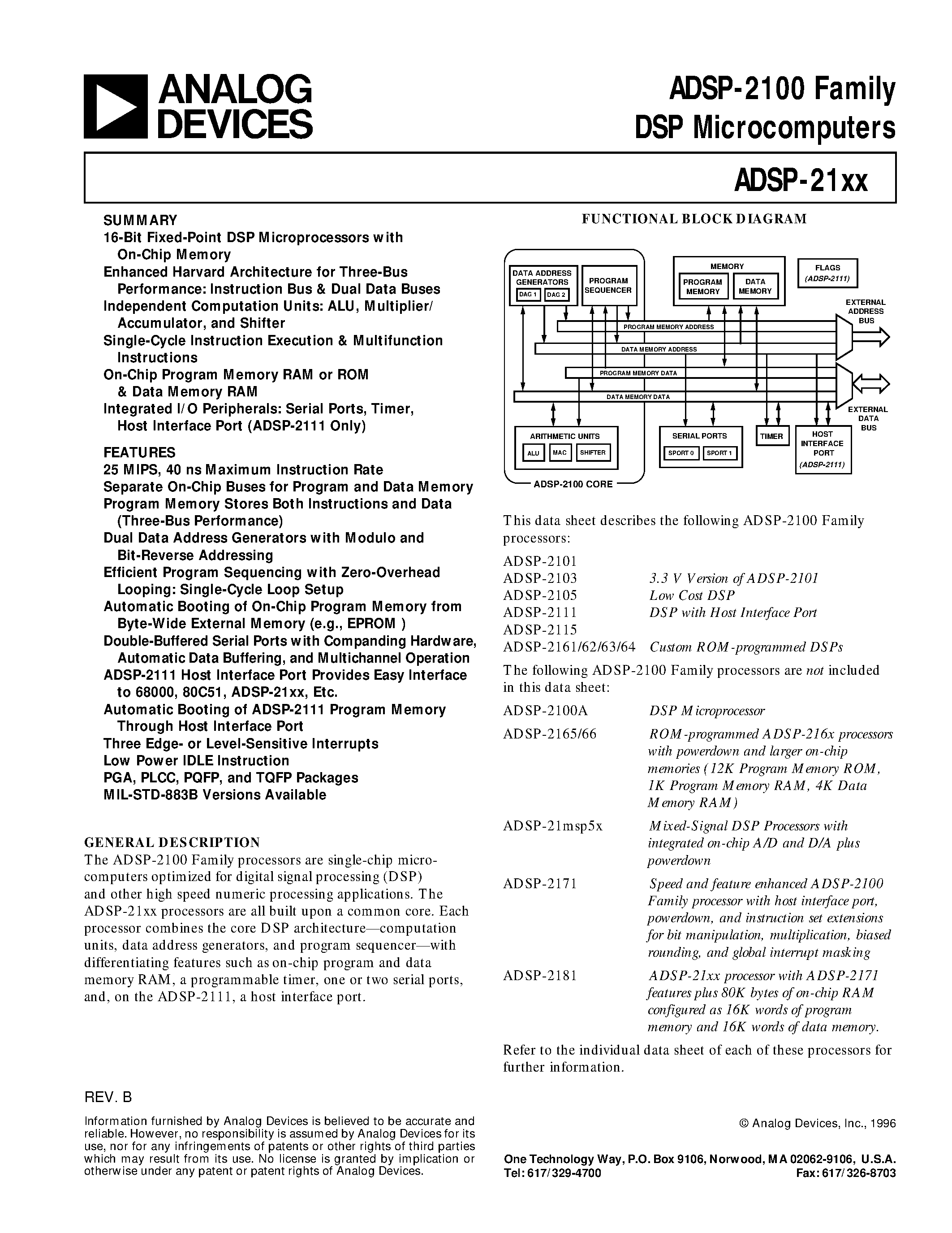 Datasheet ADSP-2100AKP - 12.5 MIPS DSP Microprocessor page 1