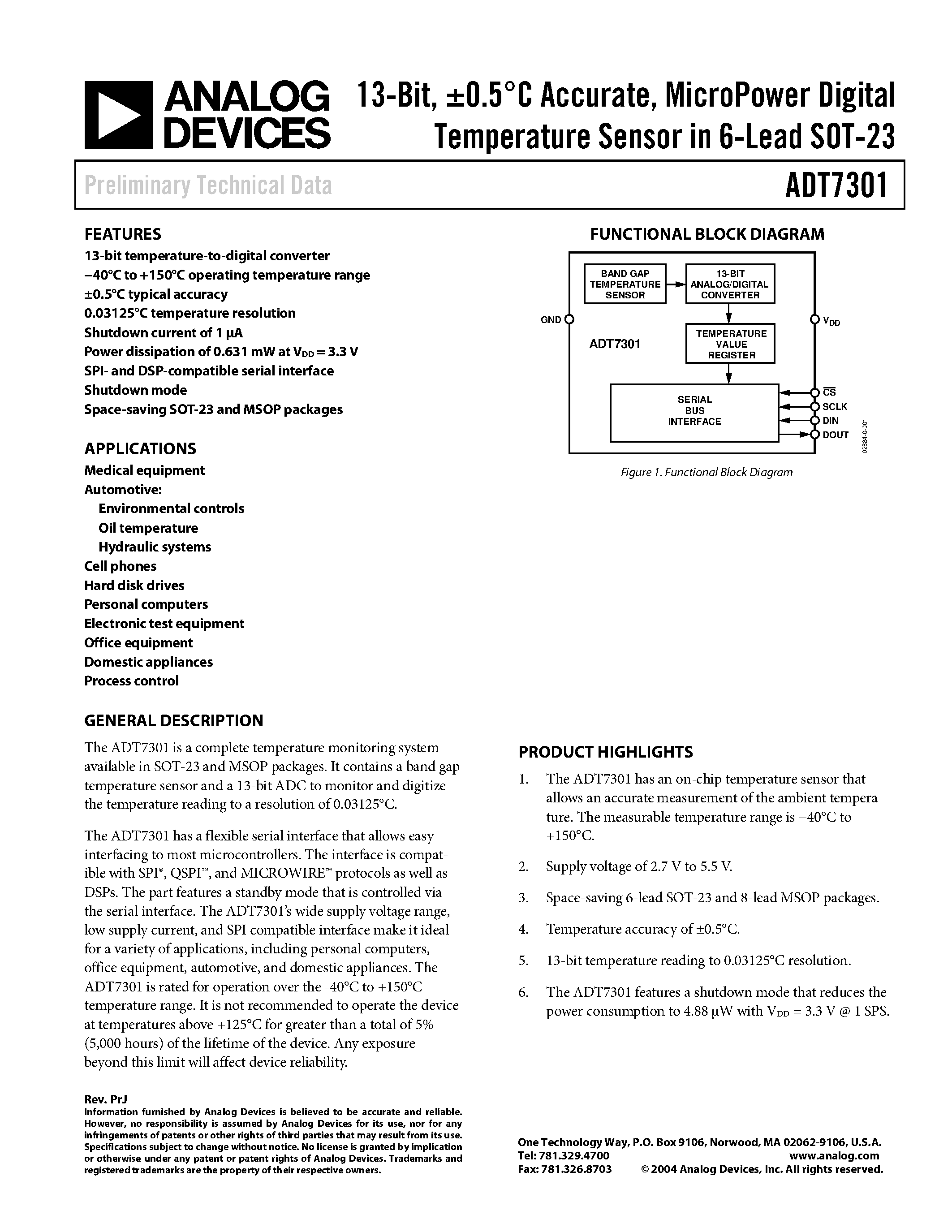 Datasheet ADT7301ARM - 13-Bit/ 0.5C Accurate/ MicroPower Digital Temperature Sensor in 6-Lead SOT-23 page 1