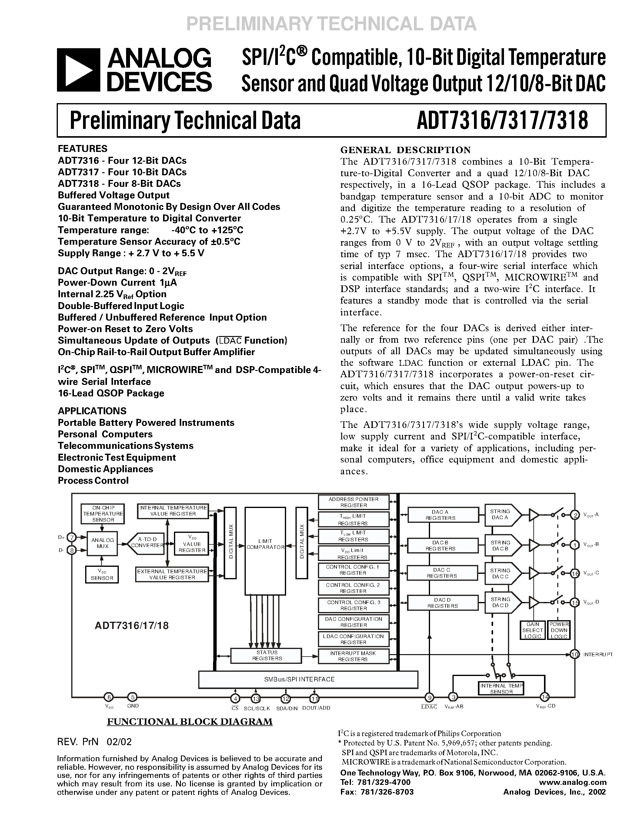 Даташит ADT7318ARQ - SPI/I2C Compatible/ 10-Bit Digital Temperature Sensor and Quad Voltage Output 12/10/8-Bit DAC страница 1