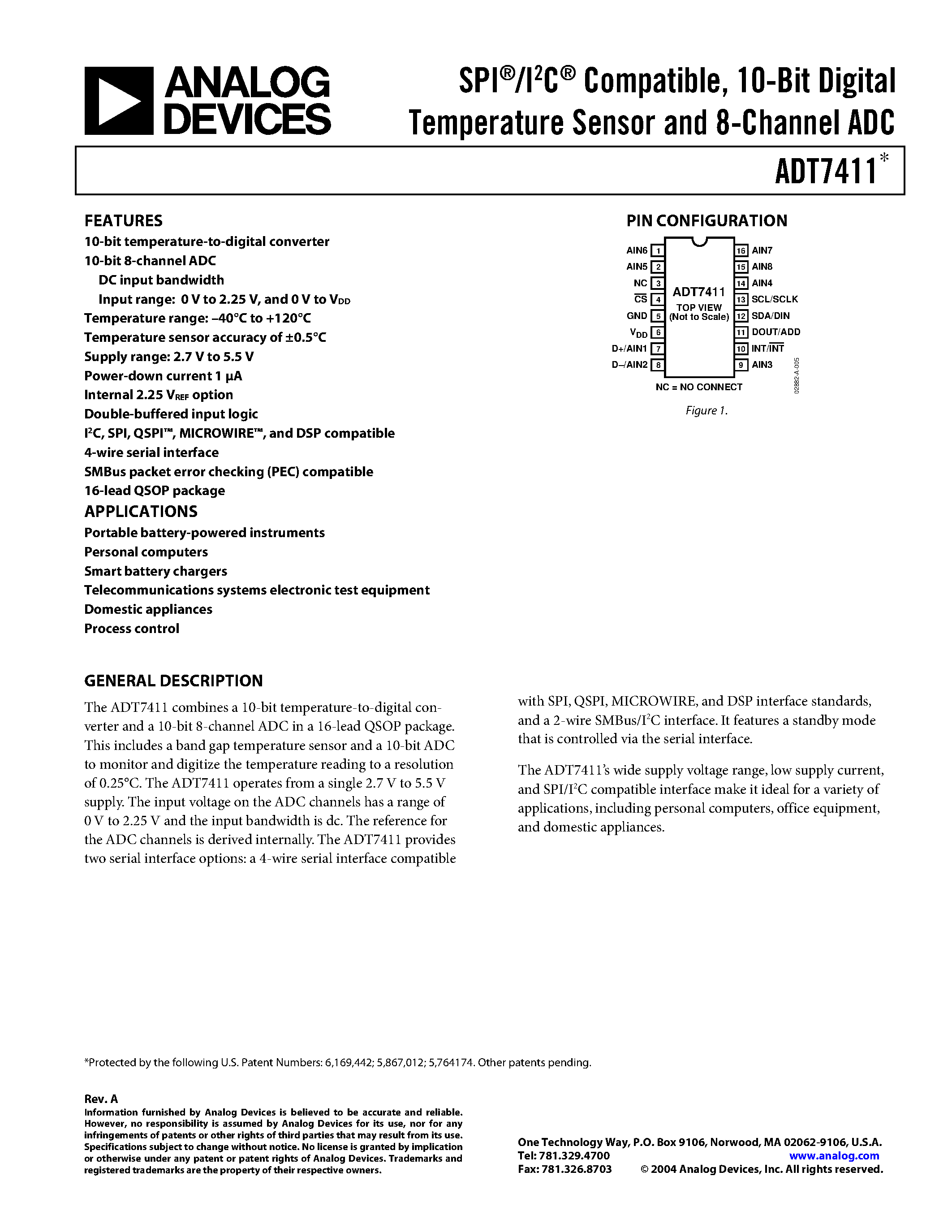 Даташит ADT7411ARQZ10 - SPI/I2C Compatible/ 10-Bit Digital Temperature Sensor and 8-Channel ADC страница 1