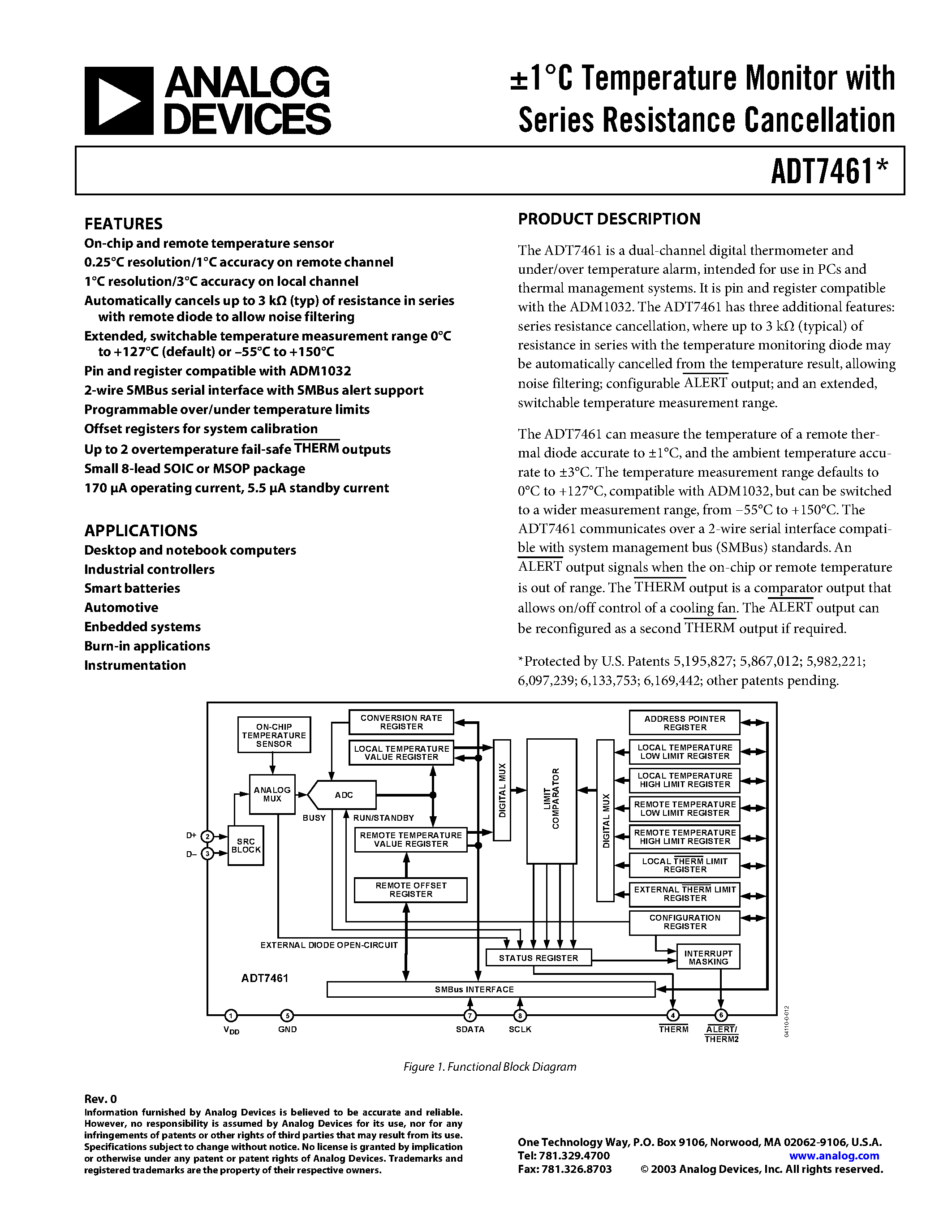 Datasheet ADT7461 - 1C Temperature Monitor with Series Resistance Cancellation page 1