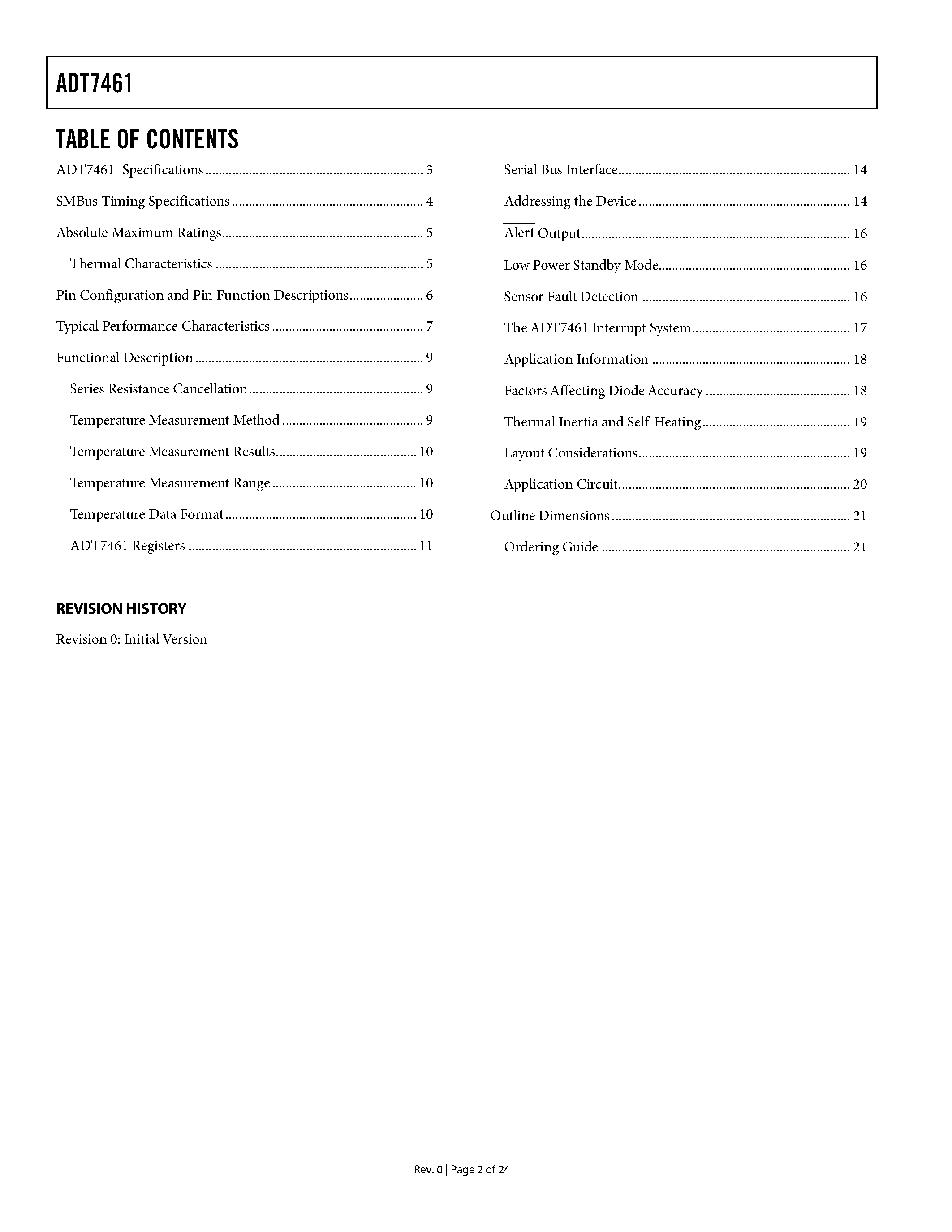 Datasheet ADT7461 page 2 Datasheet ADT7461 - 1C Temperature Monitor with Series Resistance Cancellation page 2
