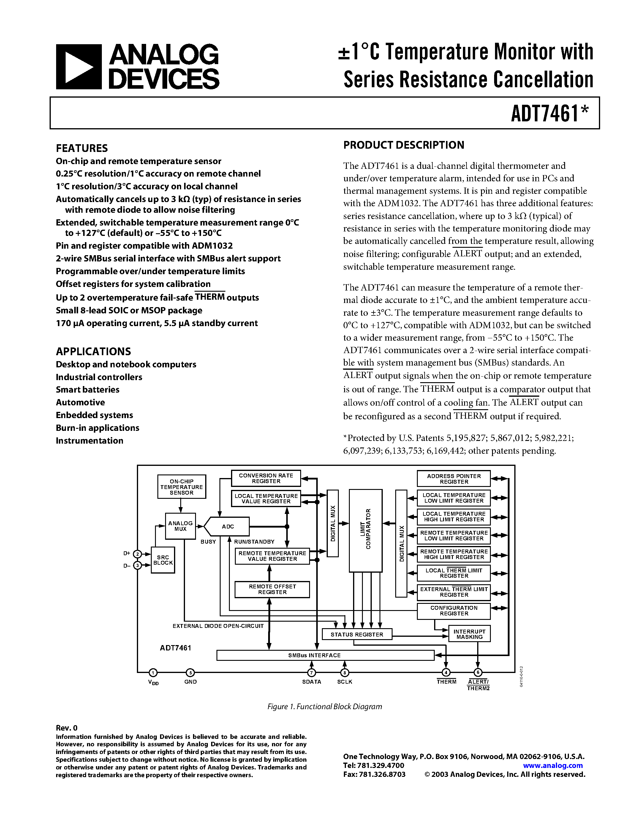 Datasheet ADT7461ARM-REEL page 1 Datasheet ADT7461ARM-REEL - 1C Temperature Monitor with Series Resistance Cancellation page 1
