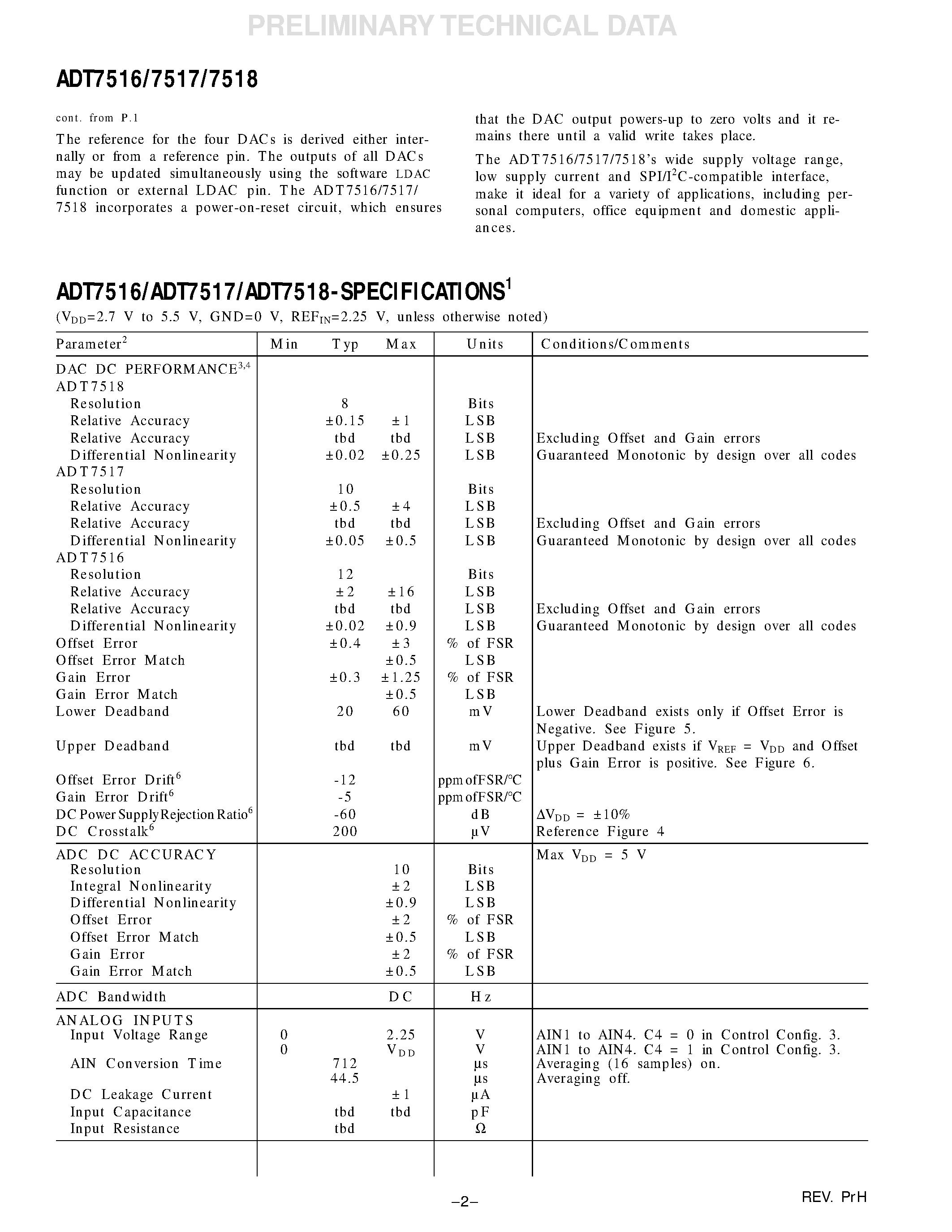 Даташит ADT7516 - SPI/I2C Compatible/ Temperature Sensor/ Four Channel ADC and Quad Voltage Output DAC страница 2