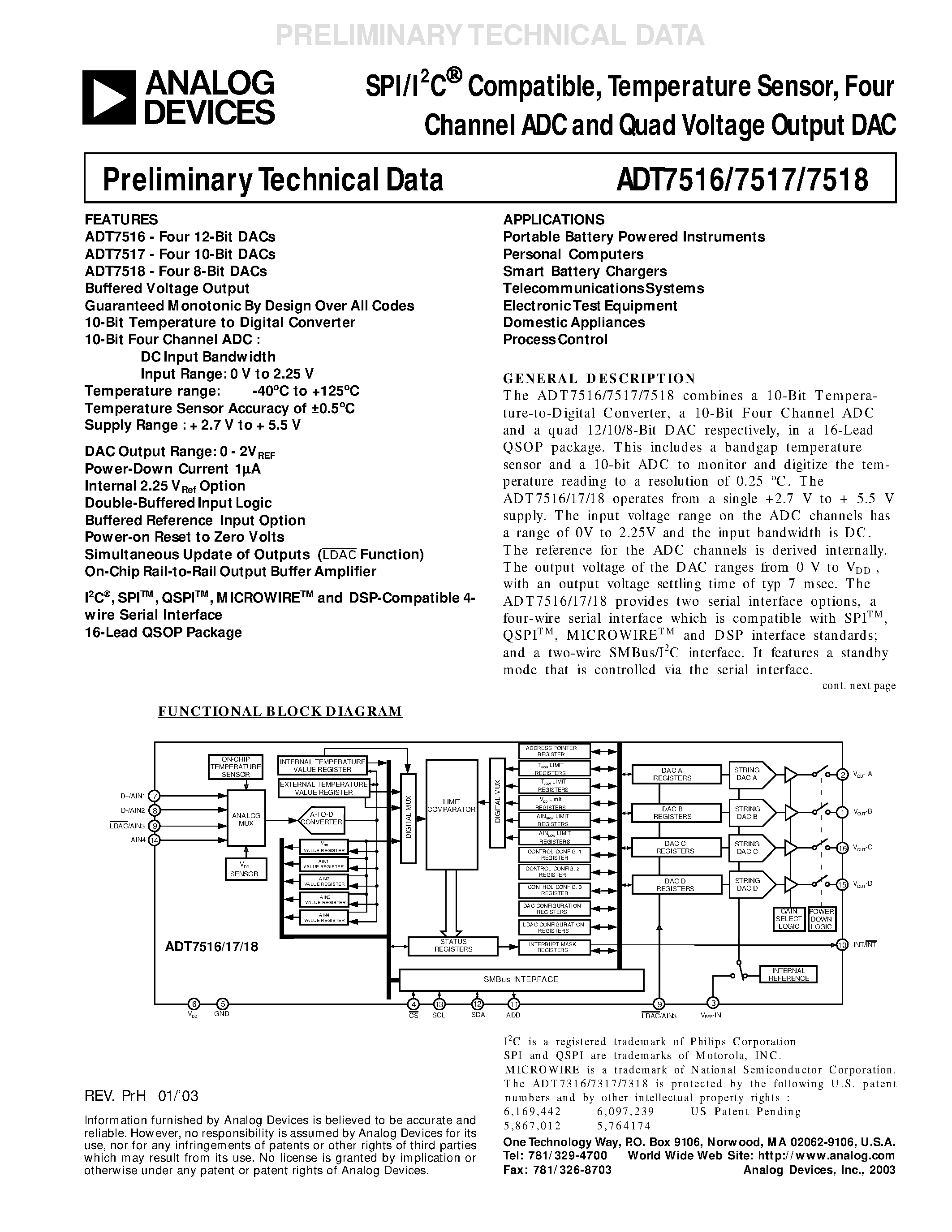 Даташит ADT7516ARQ - SPI/I2C Compatible/ Temperature Sensor/ Four Channel ADC and Quad Voltage Output DAC страница 1