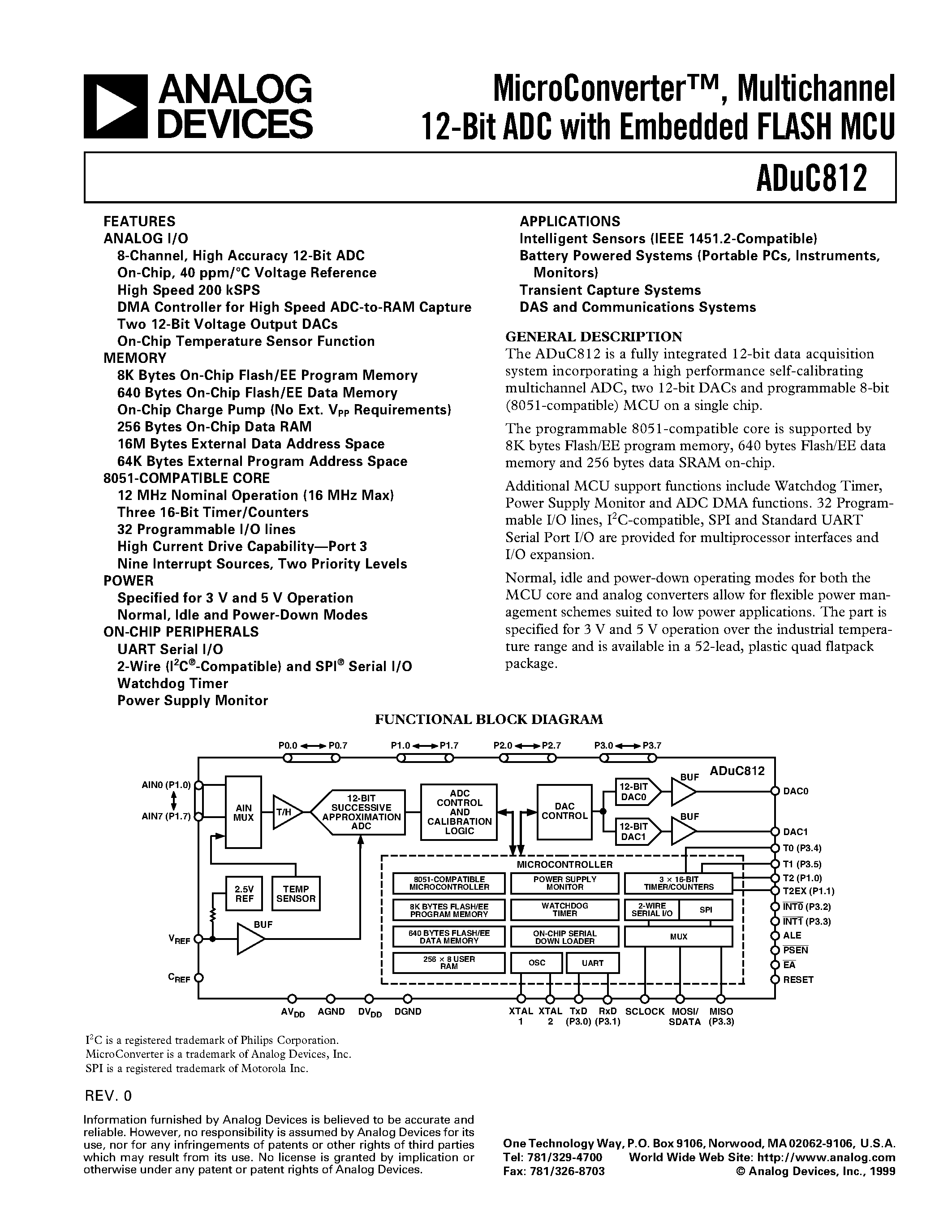 Datasheet ADUC812 - MicroConverter/ Multichannel 12-Bit ADC with Embedded FLASH MCU page 1