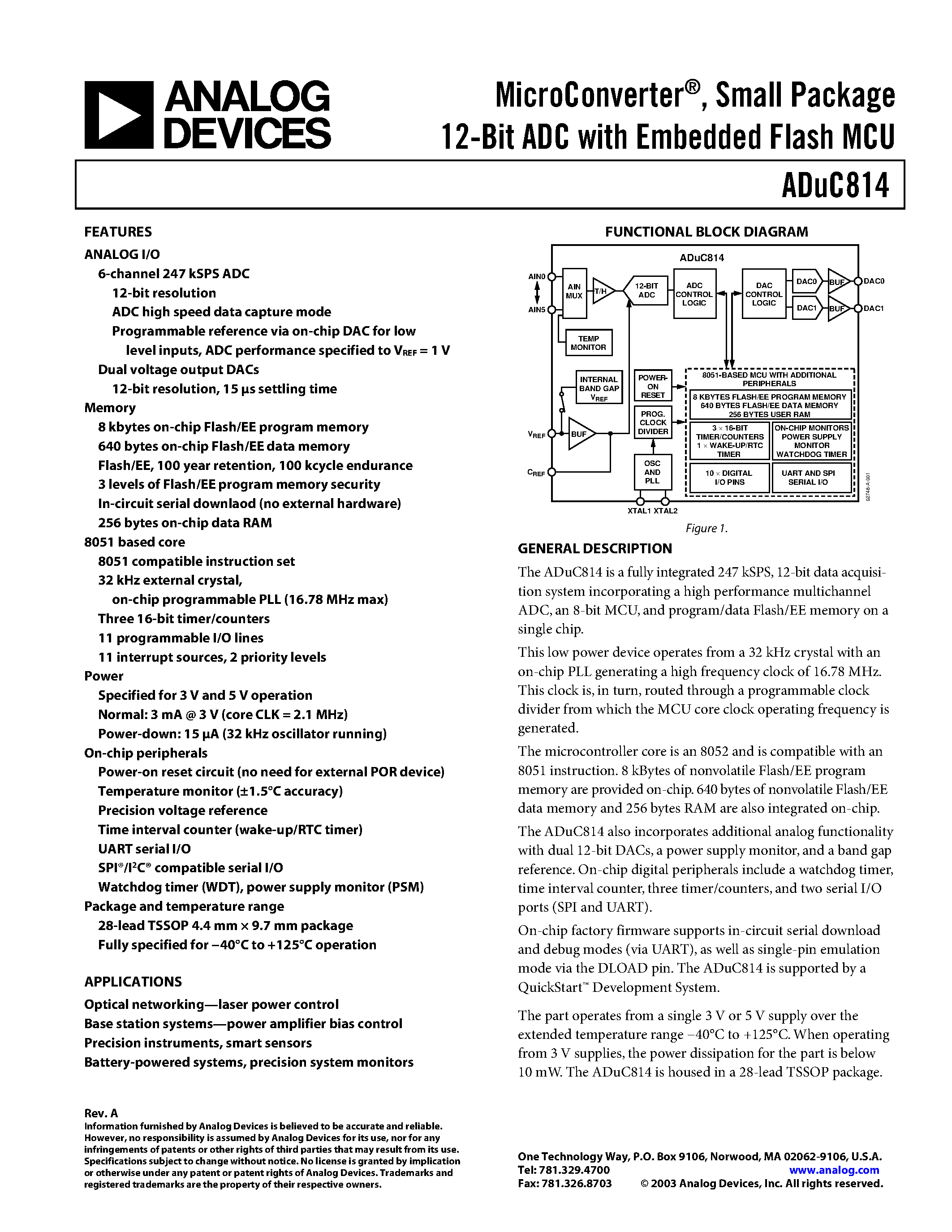 Datasheet ADUC814BRU - MicroConverter/ Small Package 12-Bit ADC with Embedded Flash MCU page 1
