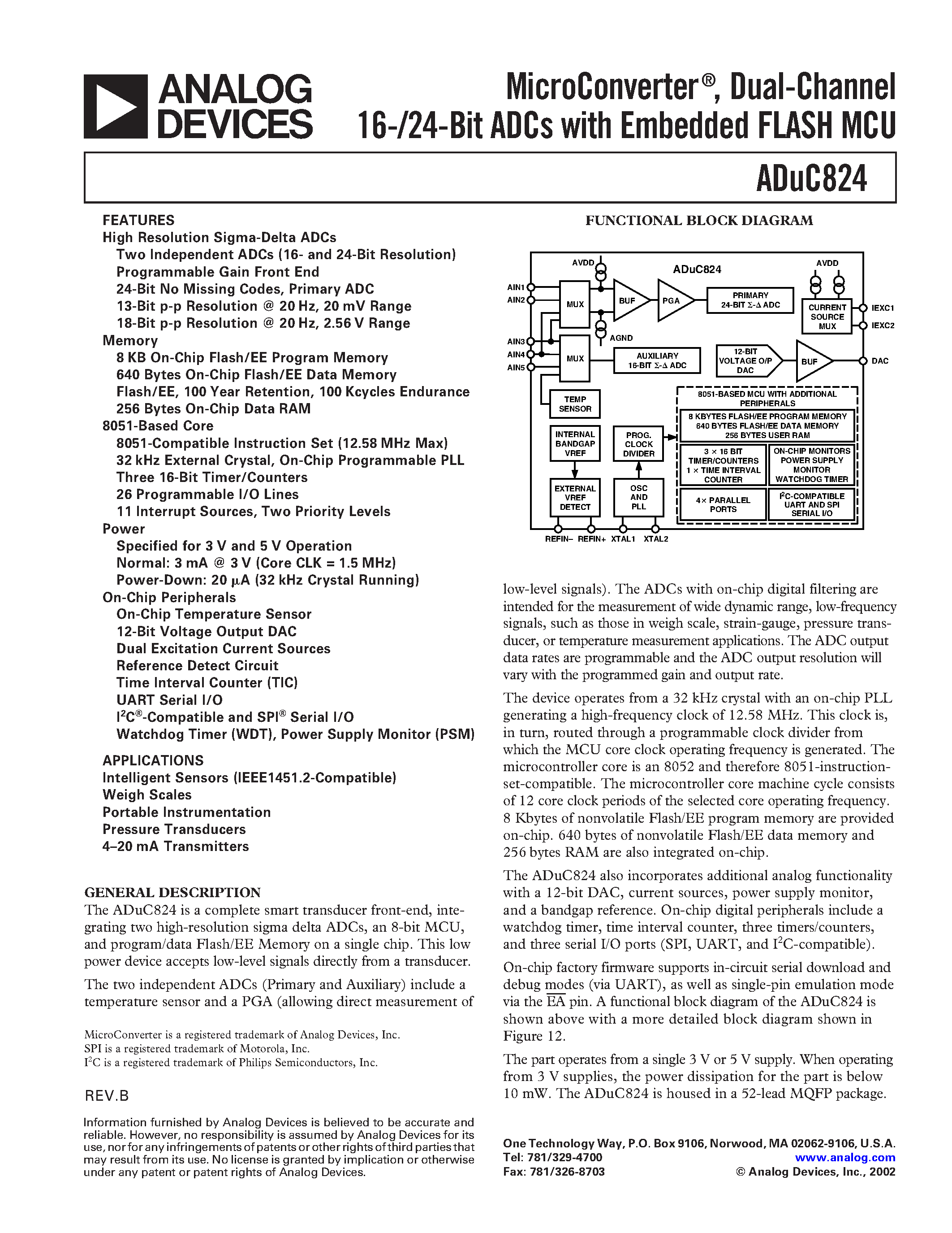 Даташит ADUC824 - MicroConverter/ Dual-Channel 16-/24-Bit ADCs with Embedded FLASH MCU страница 1