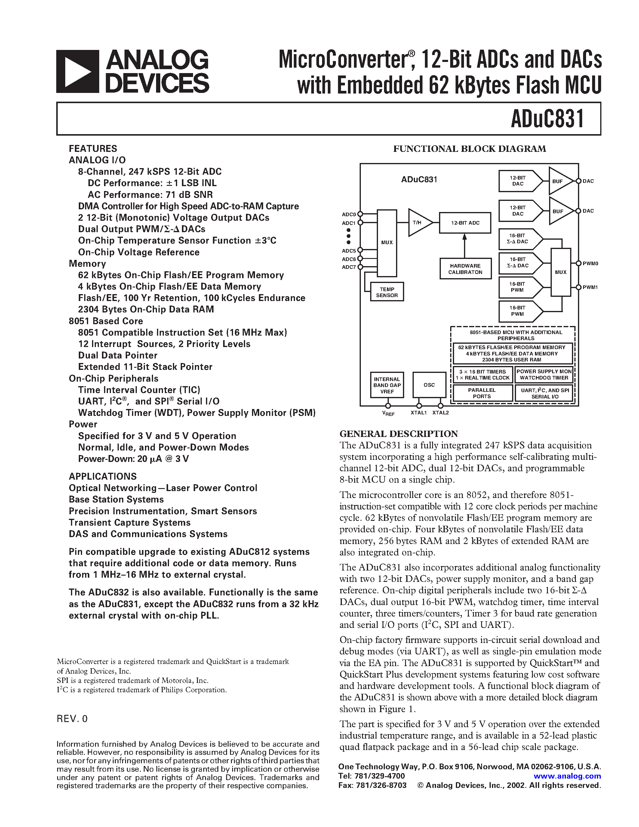 Даташит на микросхему ADUC831BS страница 1 Даташит ADUC831BS - MicroConverter/ 12-Bit ADCs and DACs with Embedded 62 kBytes Flash MCU страница 1