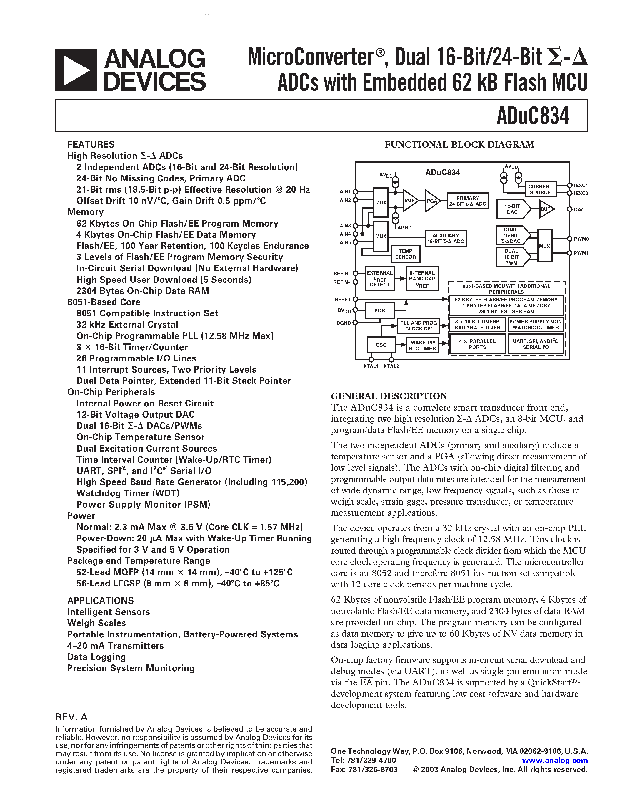 Даташит ADuC834BS - MicroConverter/ Dual 16-/24- Bit ADCs with Embedded 62KB FLASH MCU страница 1