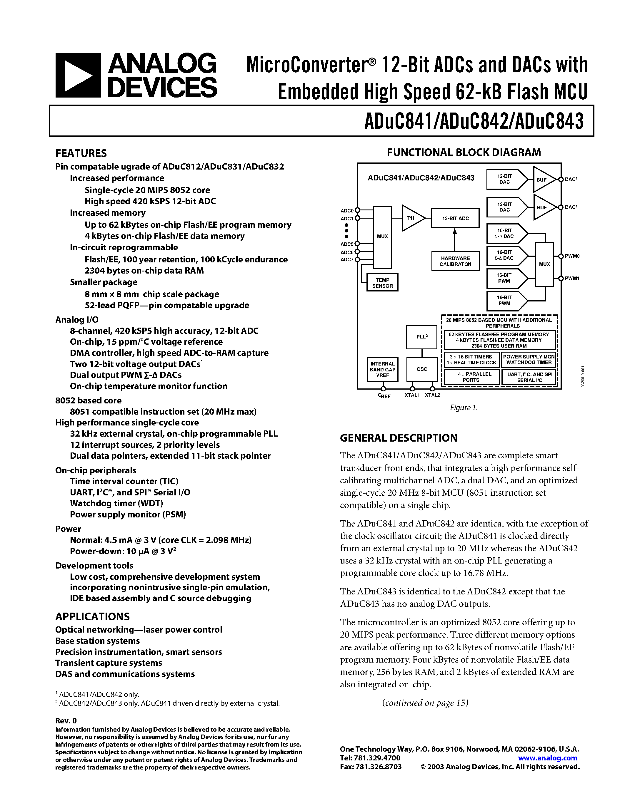 Даташит ADUC841 - MicroConverter 12-Bit ADCs and DACs with Embedded High Speed 62-kB Flash MCU страница 1