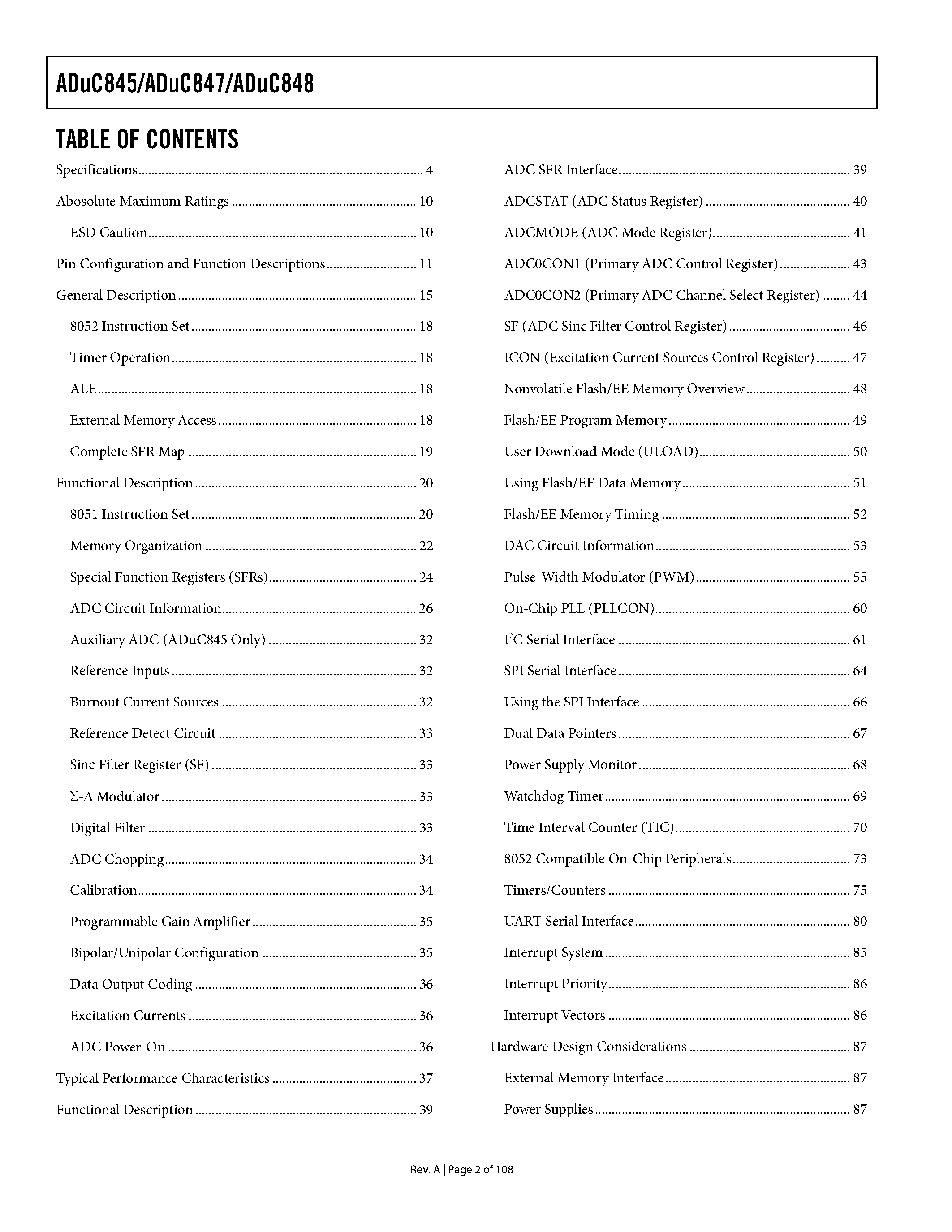 Datasheet ADuC845BCP62-5 page 2 Datasheet ADuC845BCP62-5 - MicroConverter Multichannel 24-/16-Bit ADCs with Embedded 62 kB Flash and Single-Cycle MCU page 2