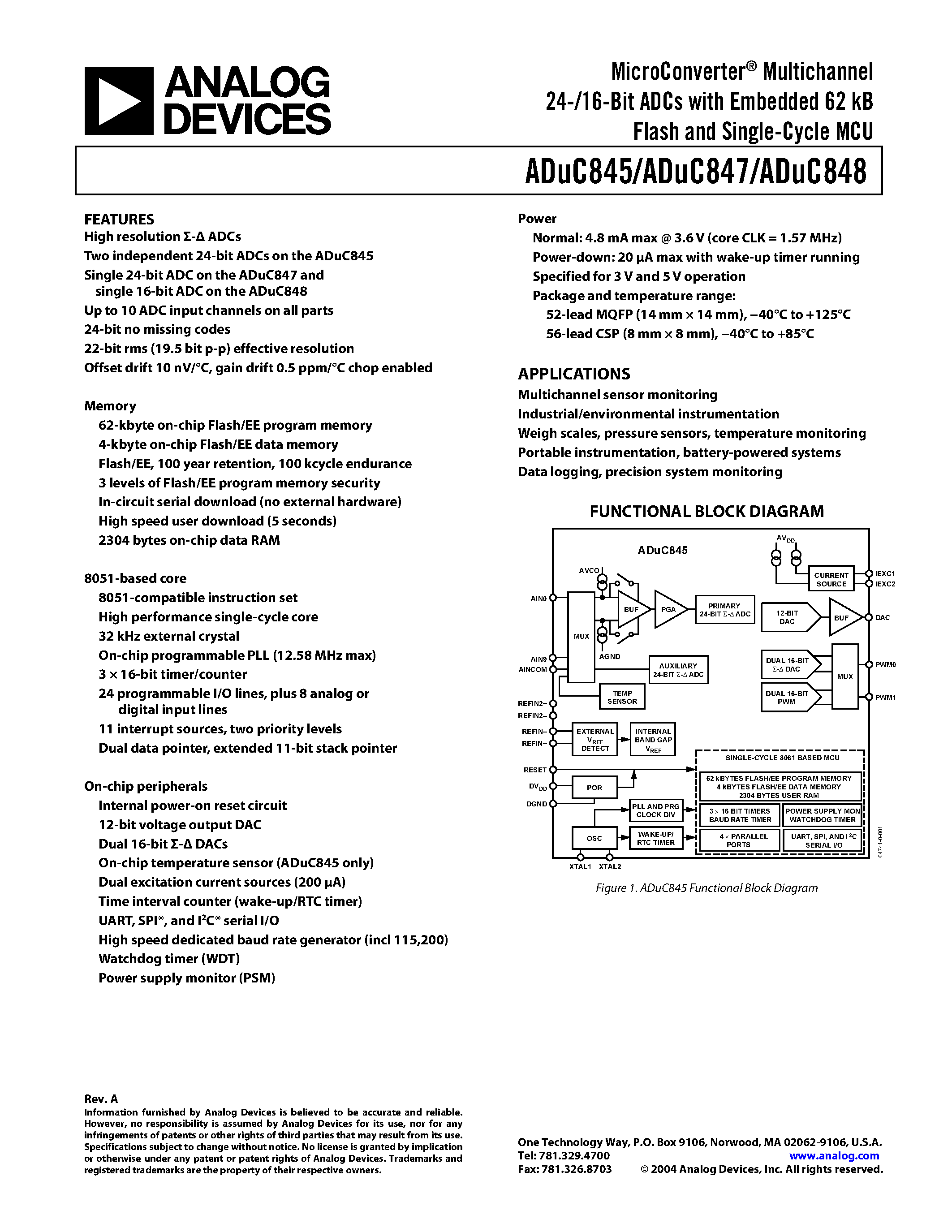 Даташит ADuC847BS62-5 - MicroConverter Multichannel 24-/16-Bit ADCs with Embedded 62 kB Flash and Single-Cycle MCU страница 1