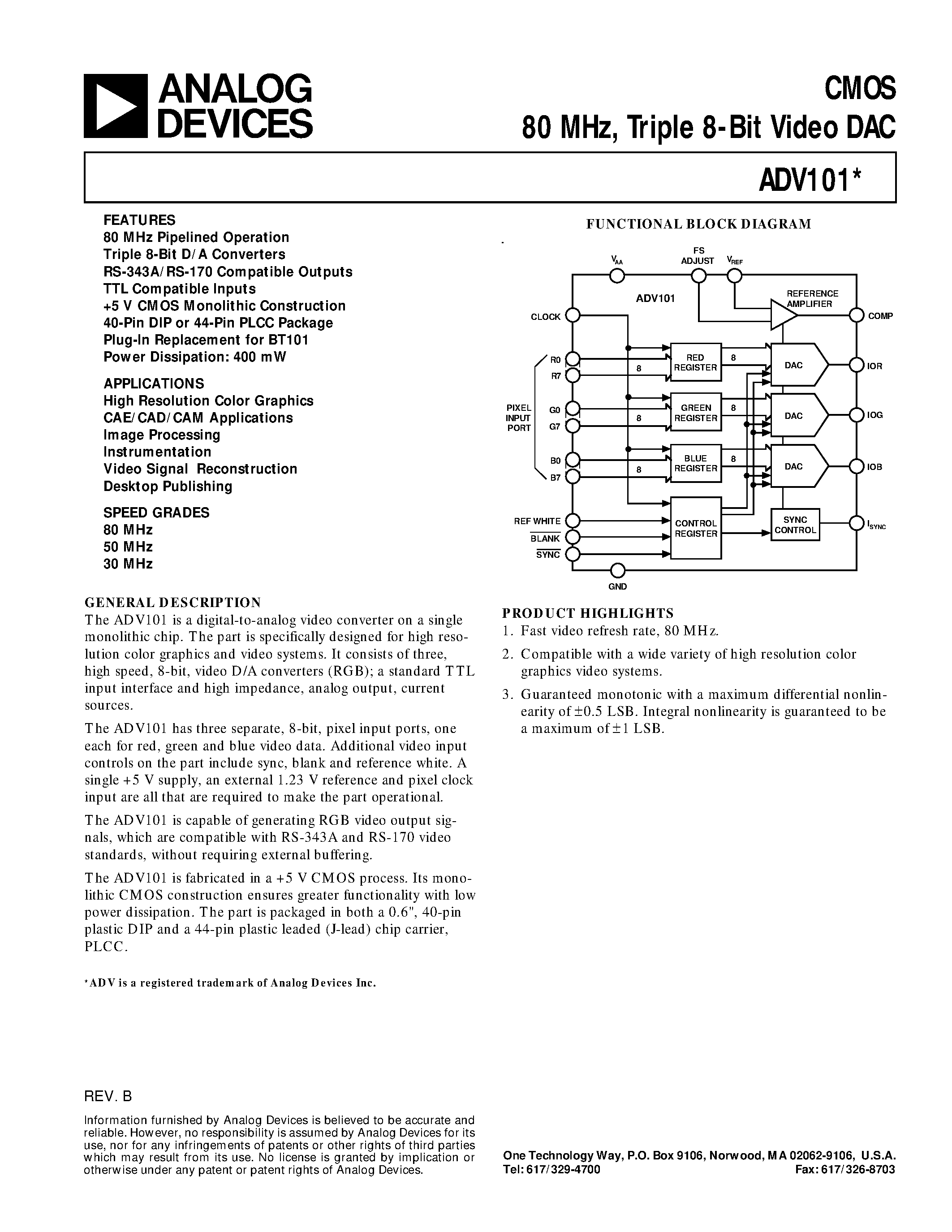 Даташит на микросхему ADV101KP80 страница 1 Даташит ADV101KP80 - CMOS 80 MHz/ Triple 8-Bit Video DAC страница 1