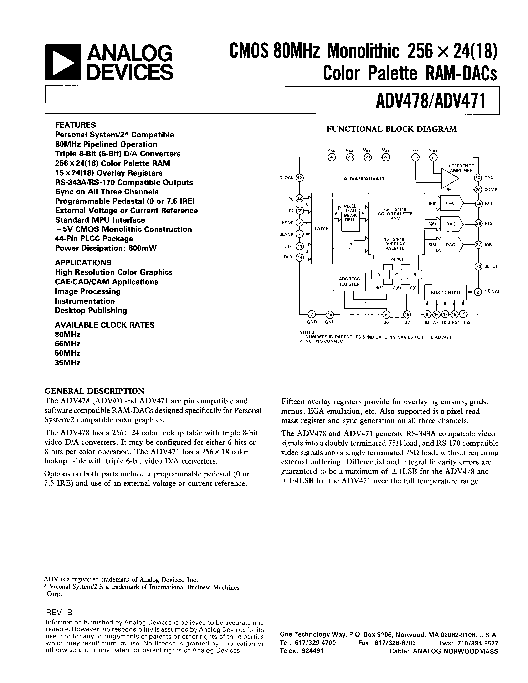 Datasheet ADV471KP35 - CMOS 80 MHz Monolithic 256 x 24(18) Color Palette RAM-DACs page 1