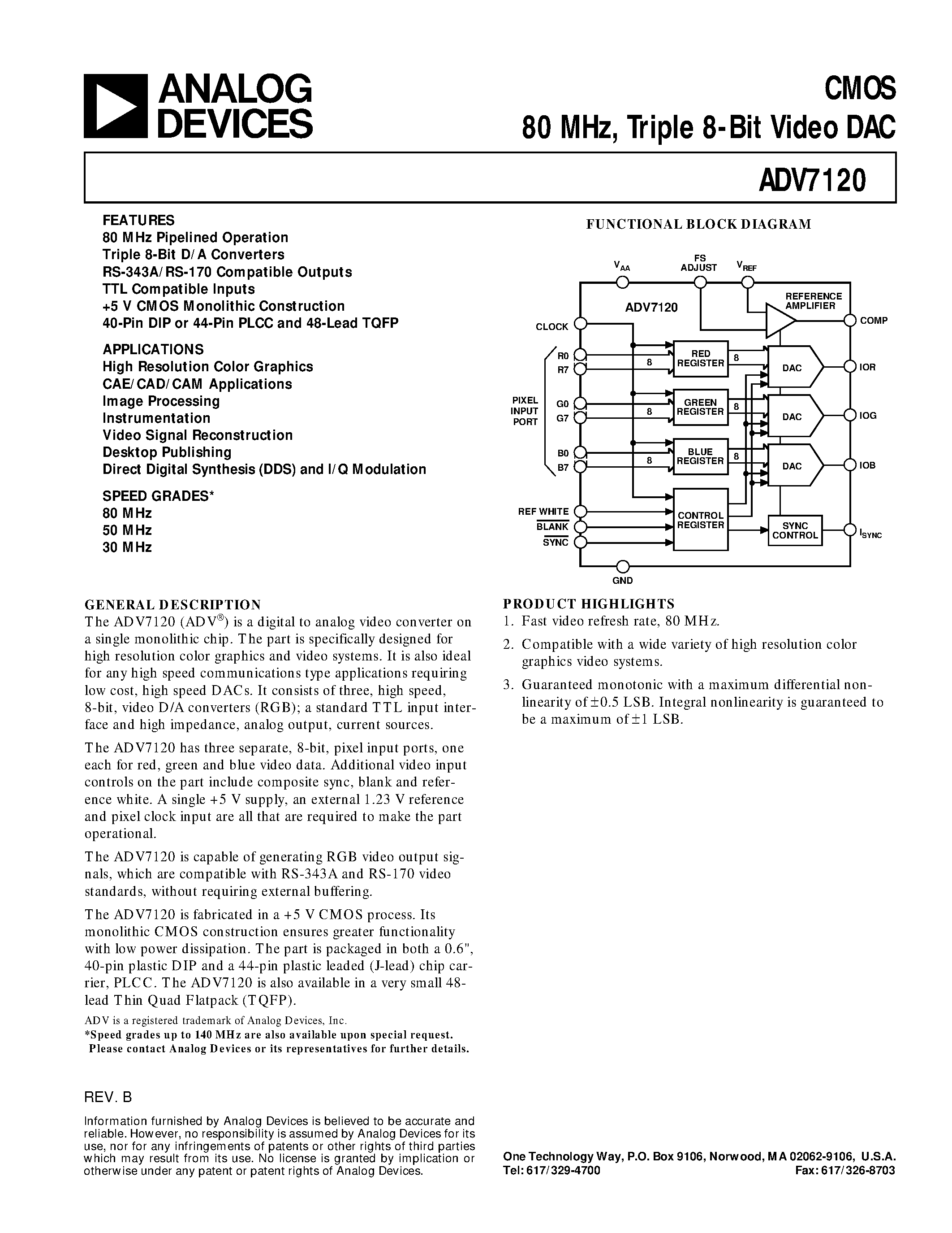 Даташит на микросхему ADV7120 страница 1 Даташит ADV7120 - CMOS 80 MHz/ Triple 8-Bit Video DAC страница 1