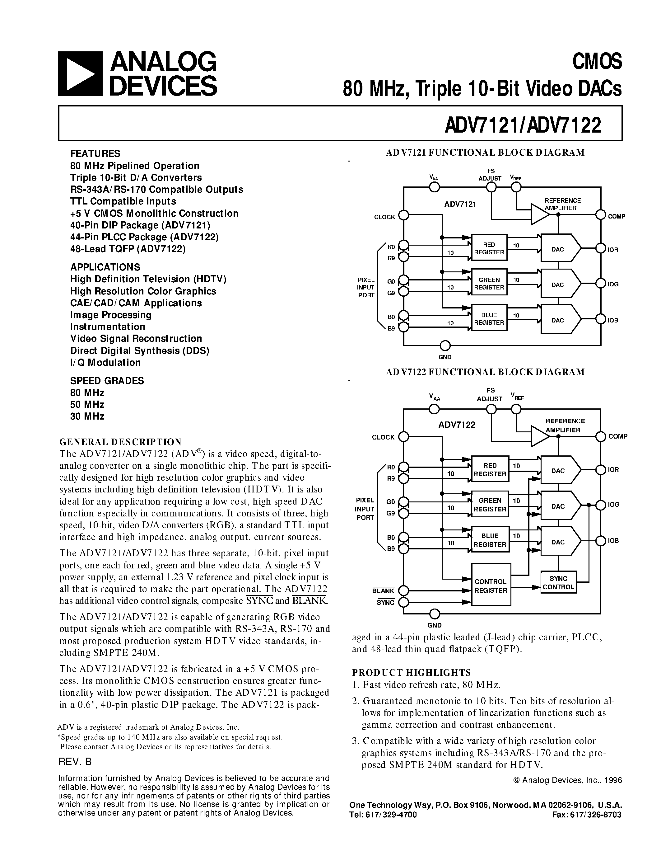 Datasheet ADV7122KP80 - CMOS 80 MHz/ Triple 10-Bit Video DACs page 1