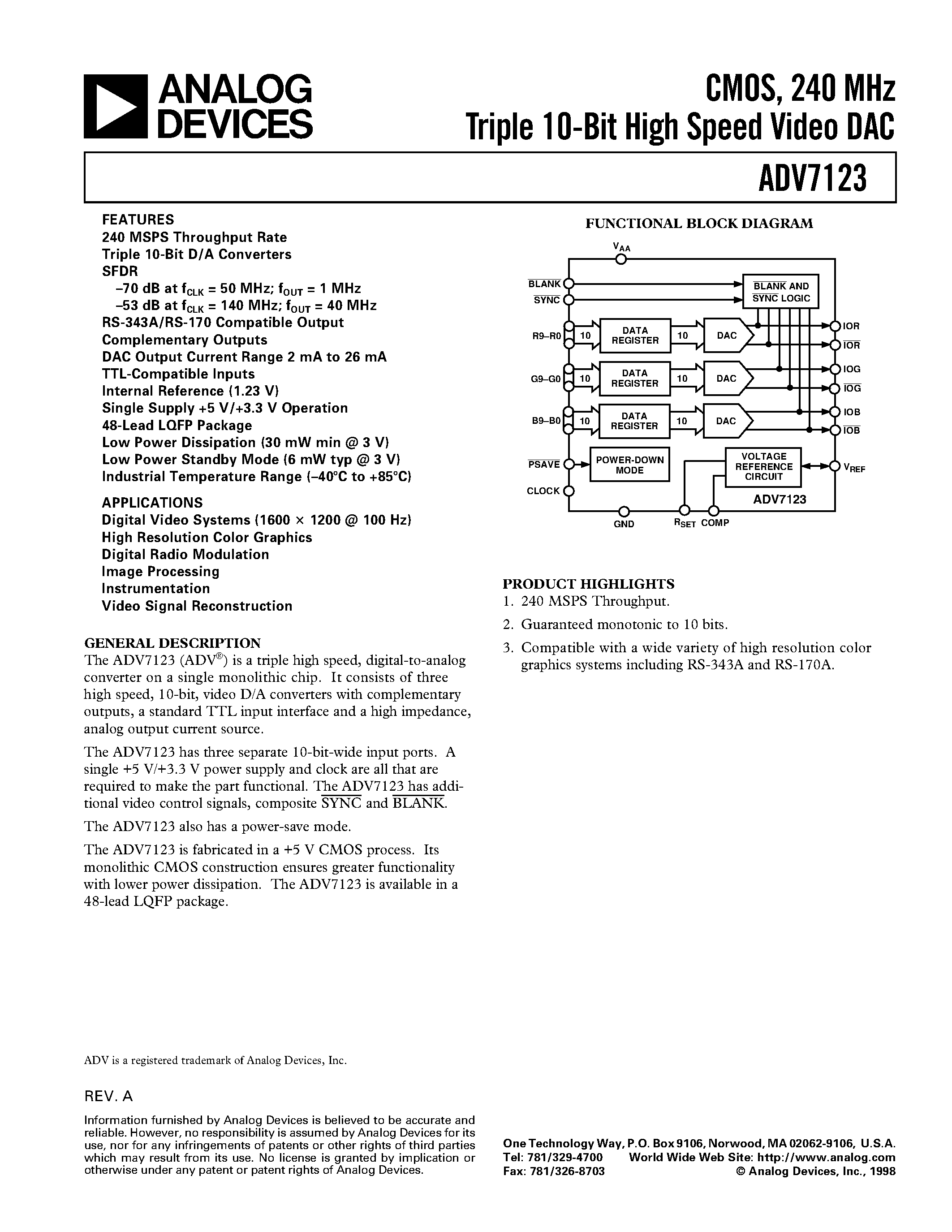 Даташит на микросхему ADV7123JST240 страница 1 Даташит ADV7123JST240 - CMOS/ 240 MHz Triple 10-Bit High Speed Video DAC страница 1