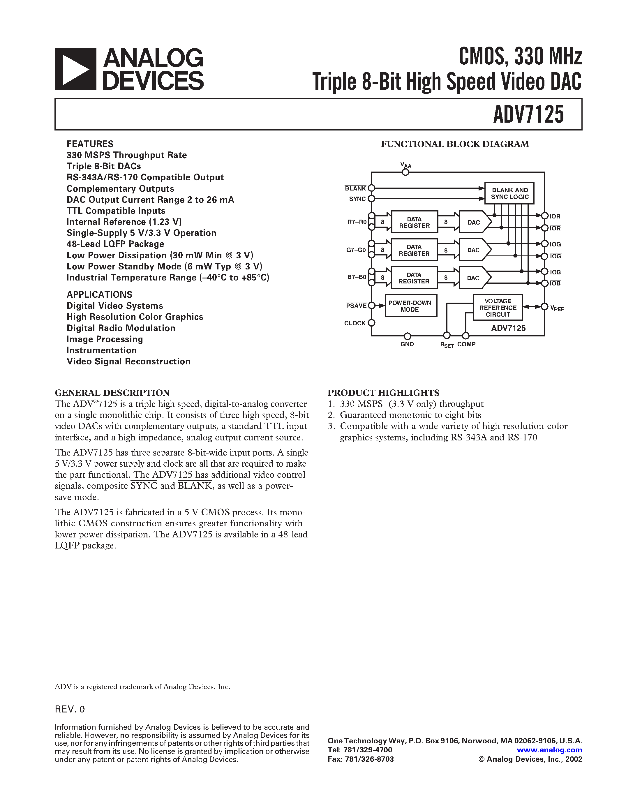 Datasheet ADV7125KST50 - CMOS/ 330 MHz Triple 8-Bit High Speed Video DAC page 1