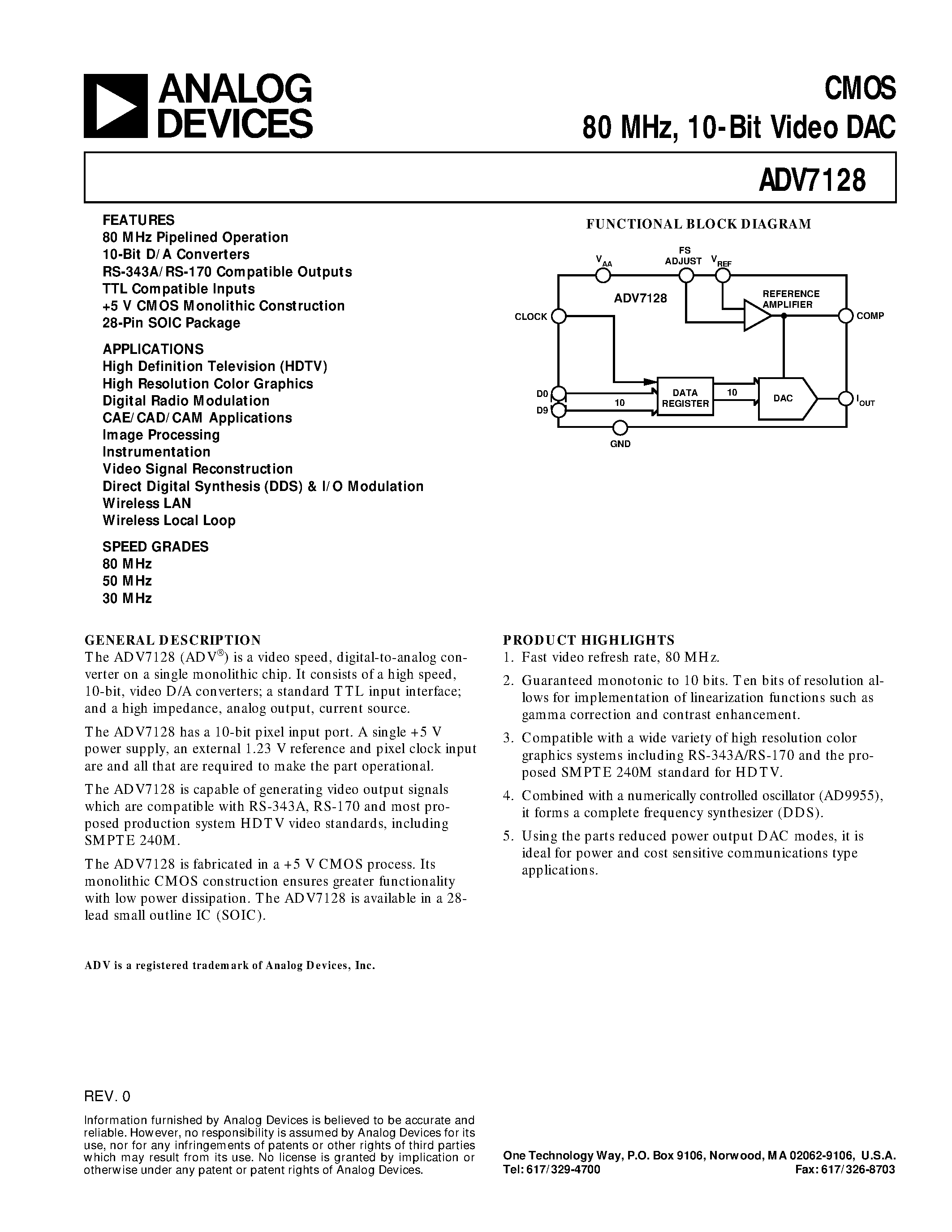 Datasheet ADV7128 - CMOS 80 MHz/ 10-Bit Video DAC page 1