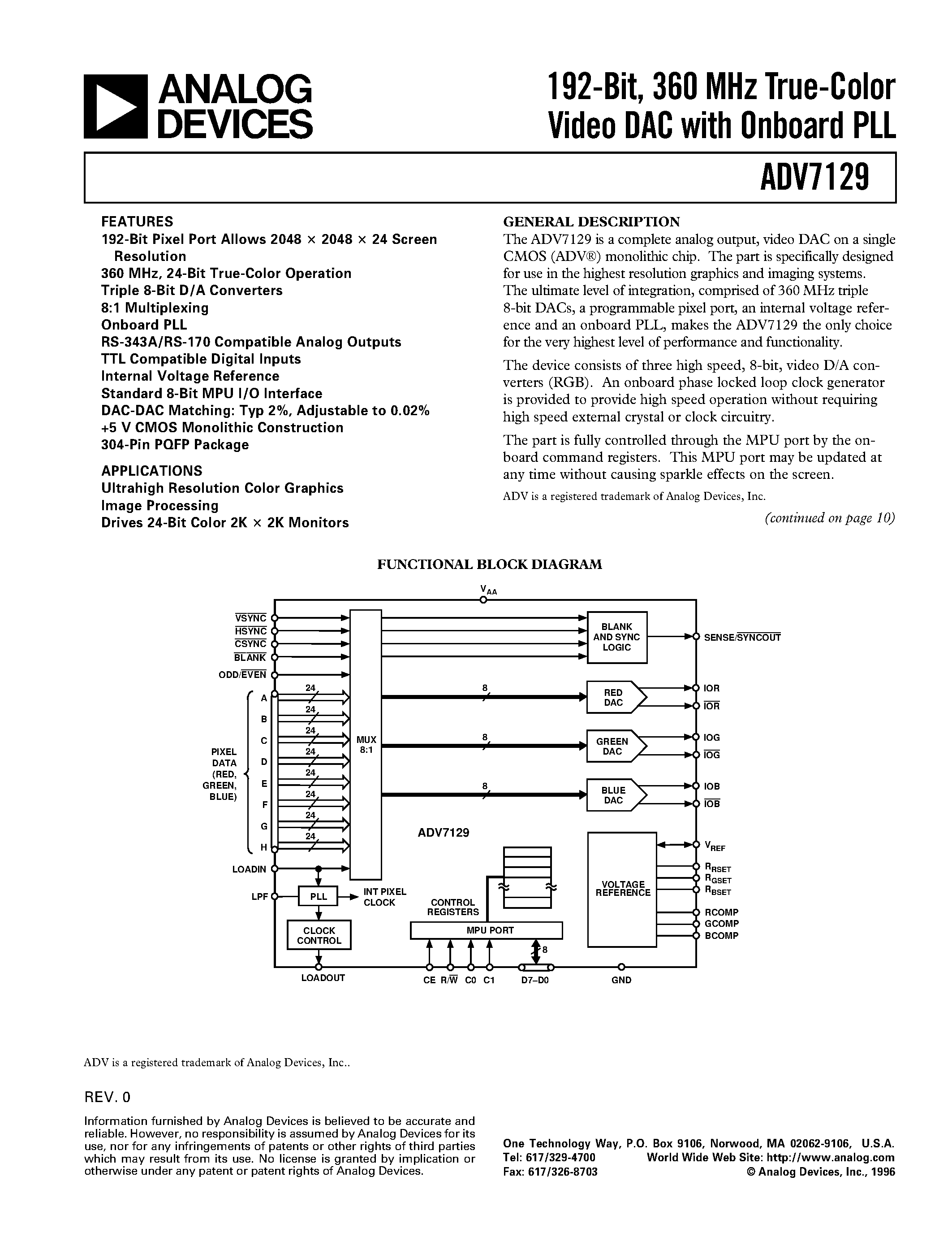 Даташит ADV7129 - 192-Bit/ 360 MHz True-Color Video DAC with Onboard PLL страница 1