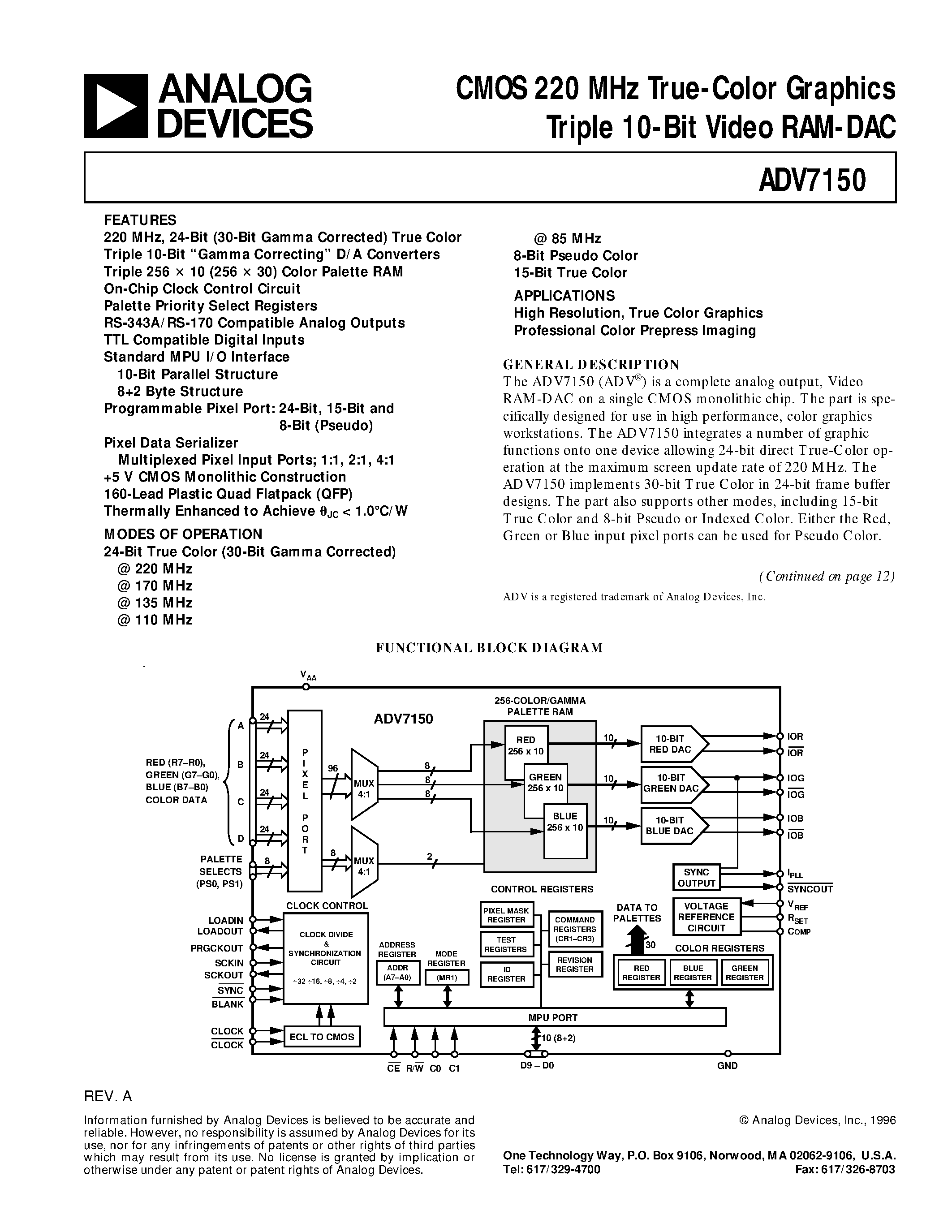 Datasheet ADV7150 - CMOS 220 MHz True-Color Graphics Triple 10-Bit Video RAM-DAC page 1