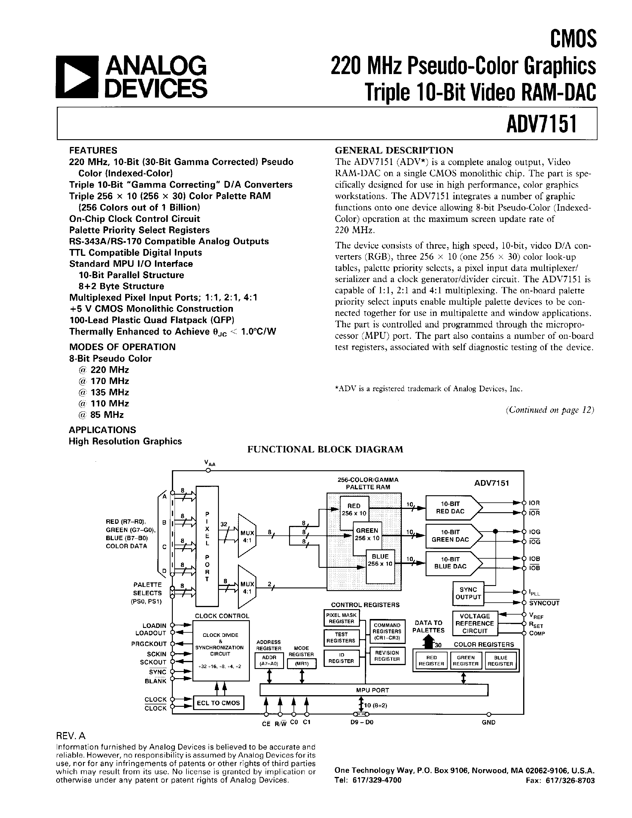 Даташит ADV7151LS110 - CMOS 220 MHz Pseudo-Color Graphics Triple 10-Bit Video RAM-DAC страница 1