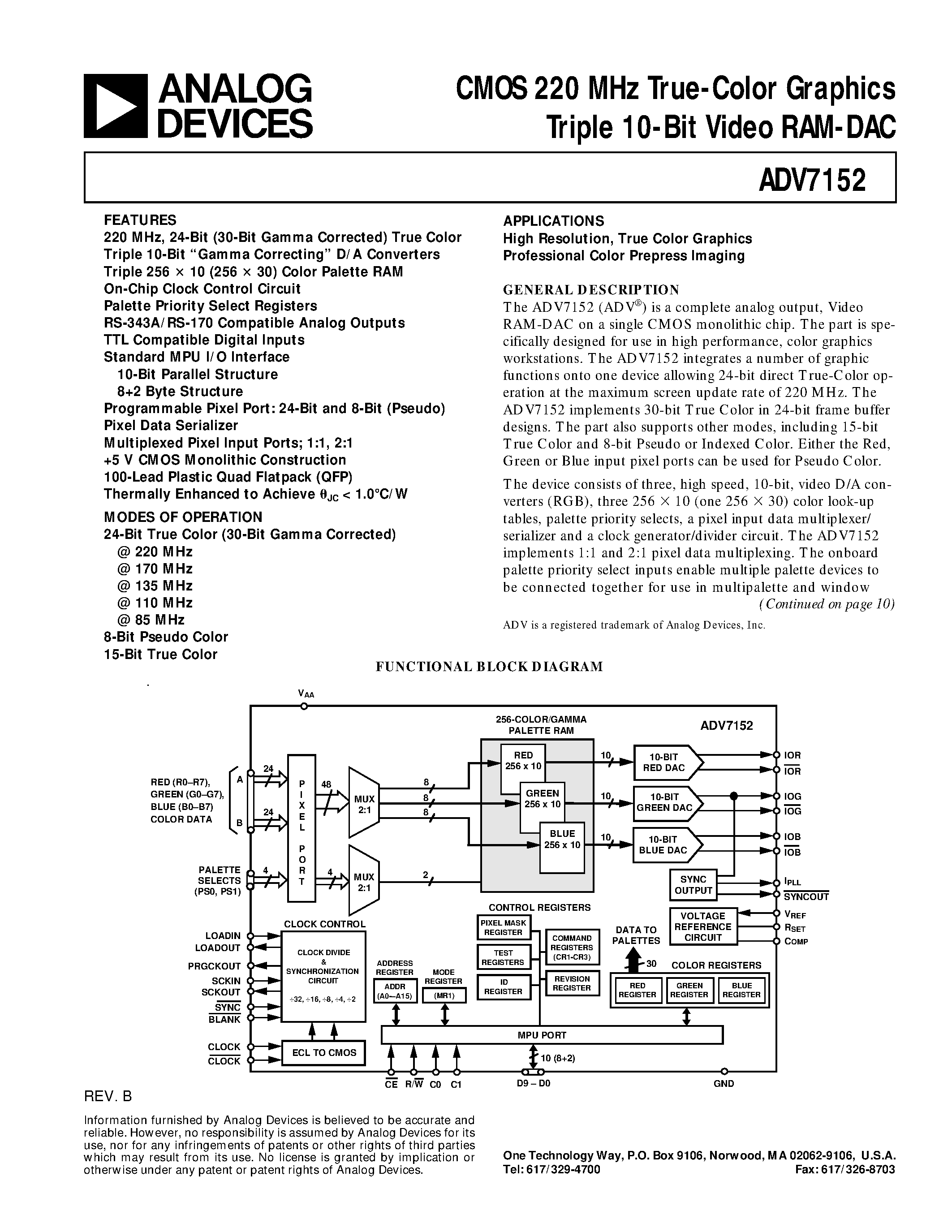 Datasheet ADV7152LS110 - CMOS 220 MHz True-Color Graphics Triple 10-Bit Video RAM-DAC page 1