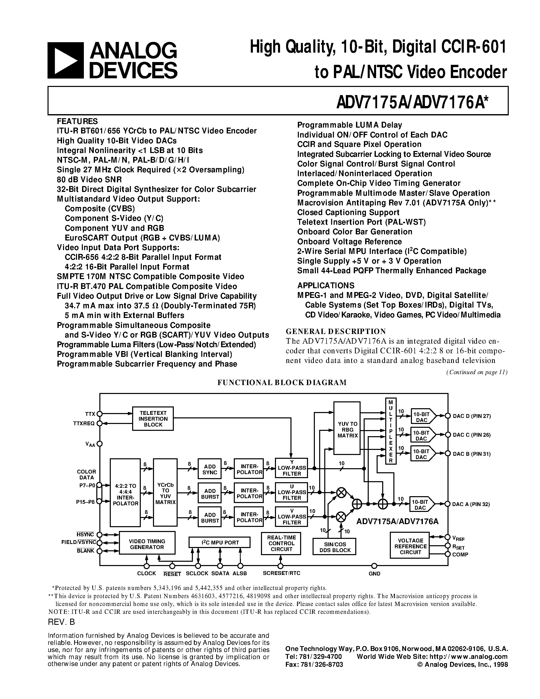 Даташит ADV7175AKS - High Quality/ 10-Bit/ Digital CCIR-601 to PAL/NTSC Video Encoder страница 1