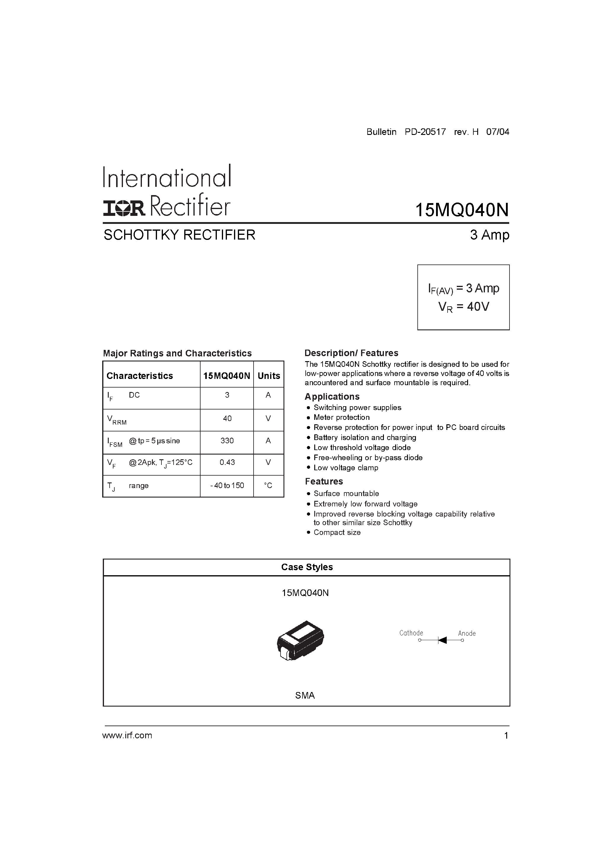 Datasheet 15MQ040 page 1 Datasheet 15MQ040 - SCHOTTKY RECTIFIER page 1