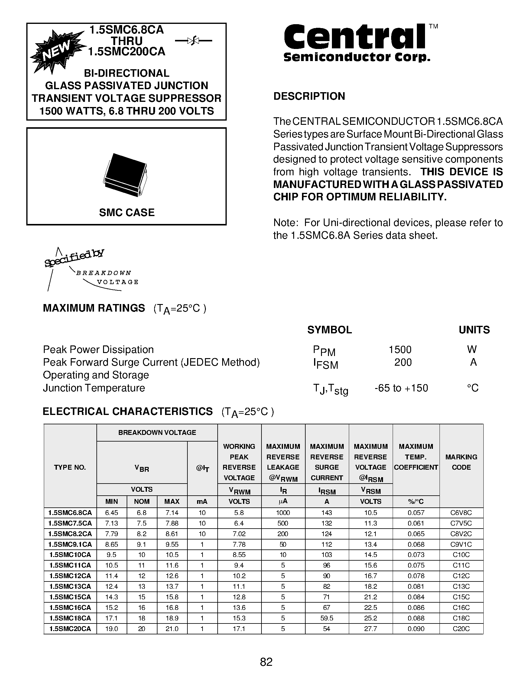 Datasheet 15SMC68CA - BI-DIRECTIONAL GLASS PASSIVATED JUNCTION TRANSIENT VOLTAGE SUPPRESSOR 1500 WATTS/ 6.8 THRU 200 VOLTS page 1