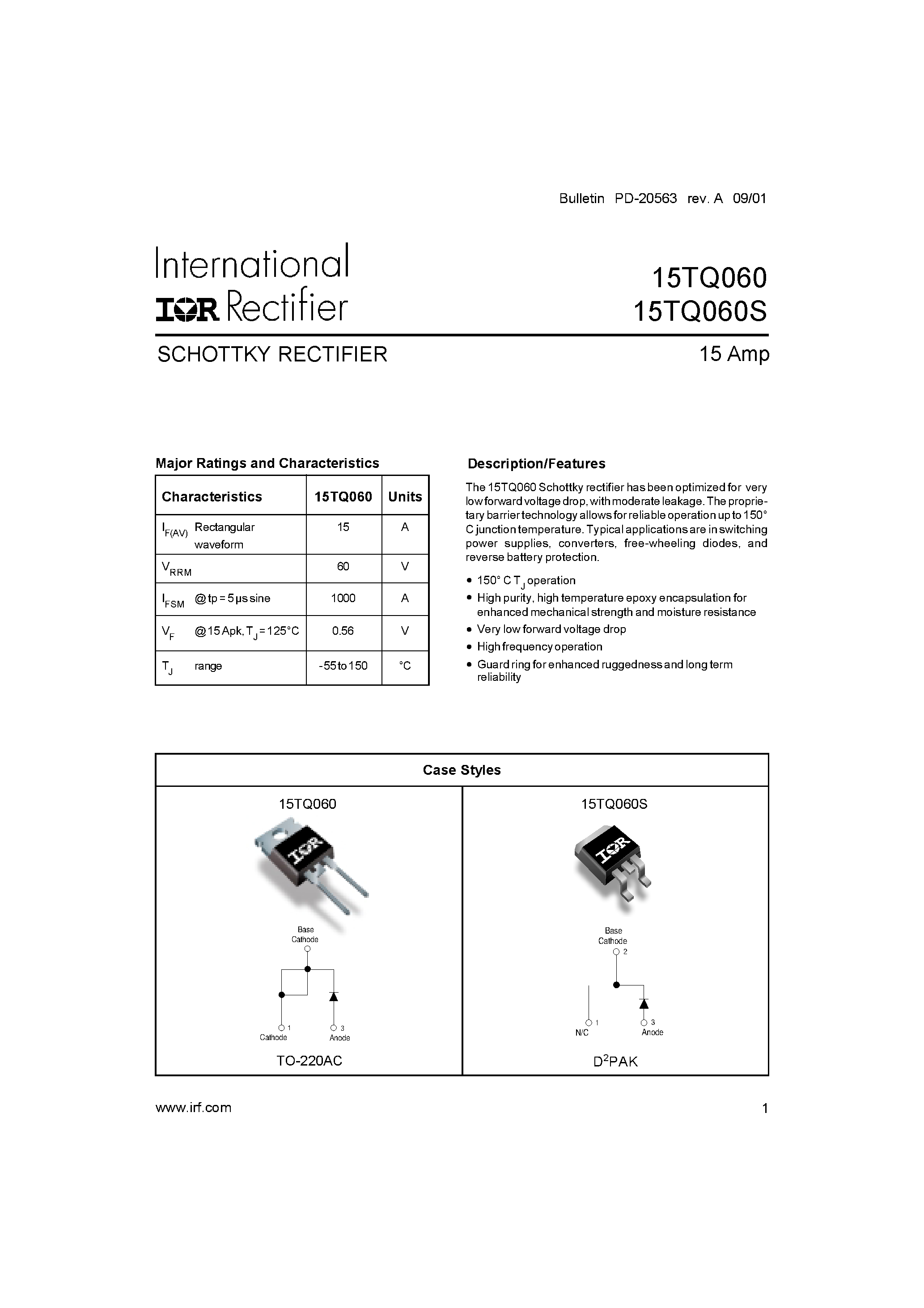 Datasheet 15TQ060S - SCHOTTKY RECTIFIER page 1