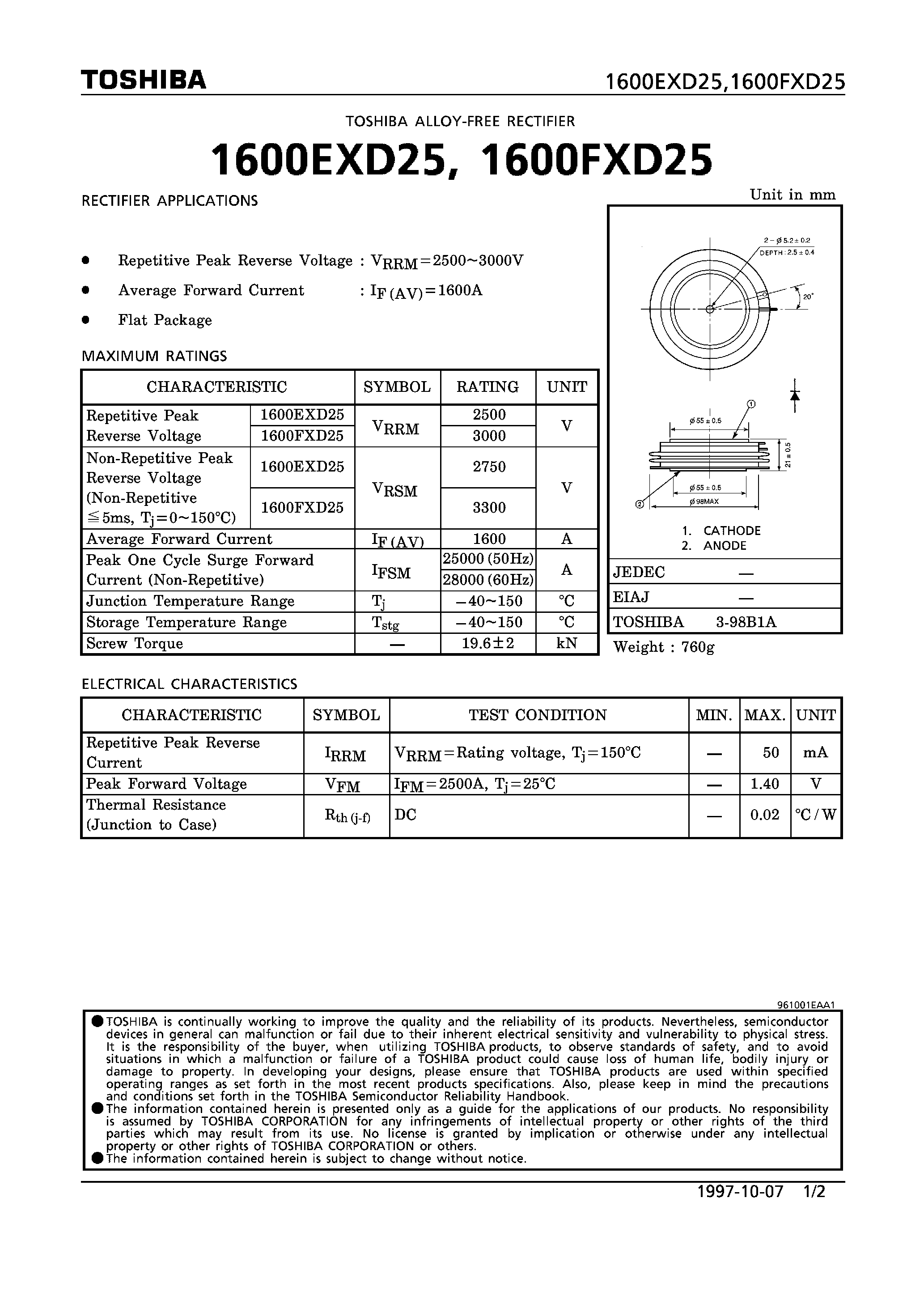 Datasheet 1600FXD25 - ALLOY-FREE RECTIFIER (RECTIFIER APPLICATIONS) page 1