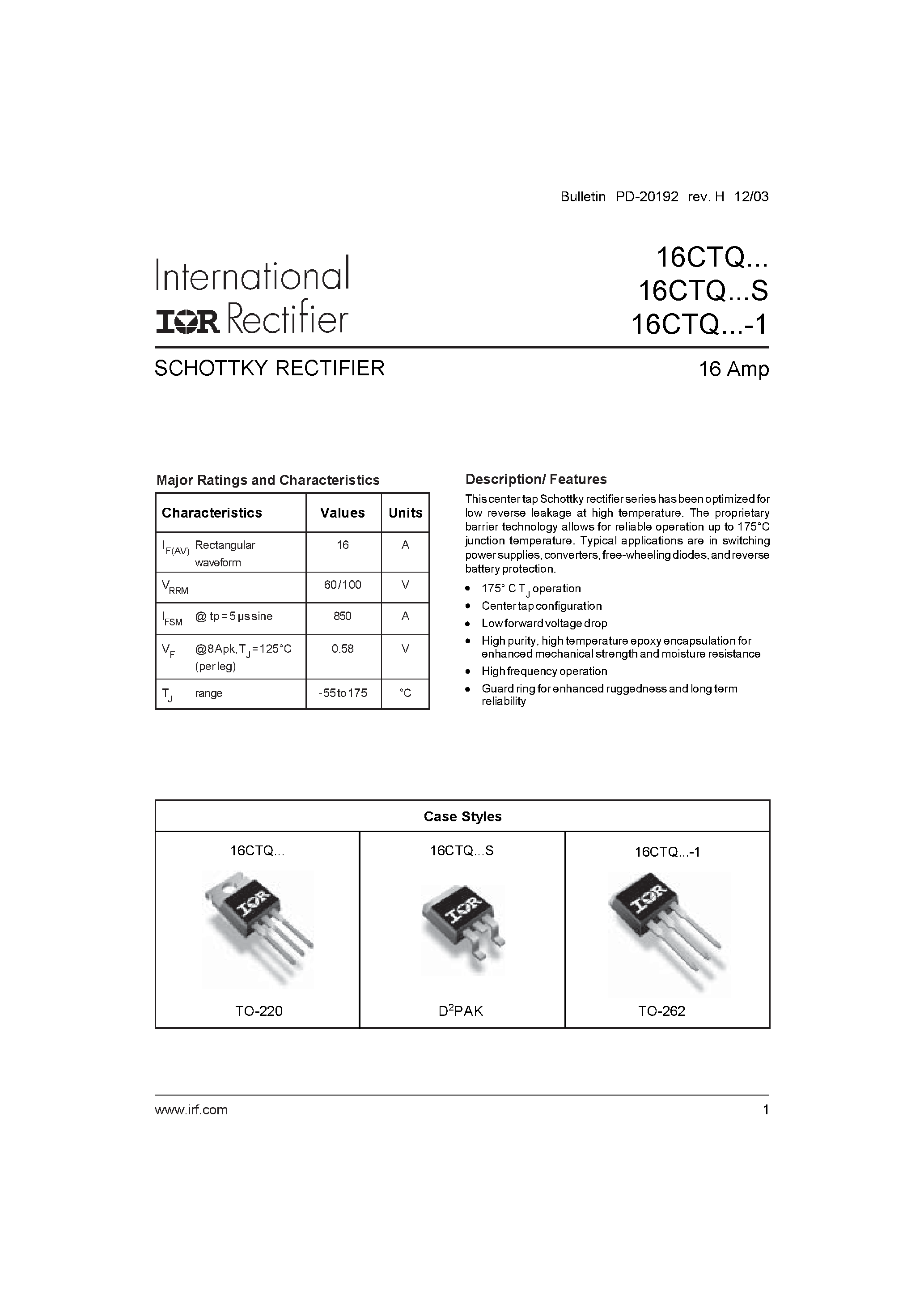Даташит 16CTQ80S - SCHOTTKY RECTIFIER страница 1