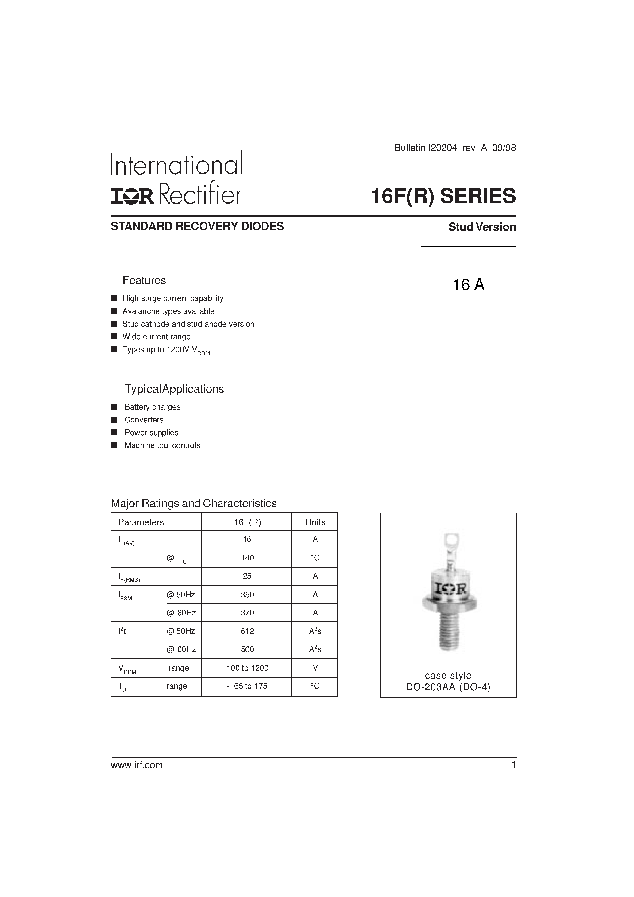 Даташит 16F - STANDARD RECOVERY DIODES страница 1